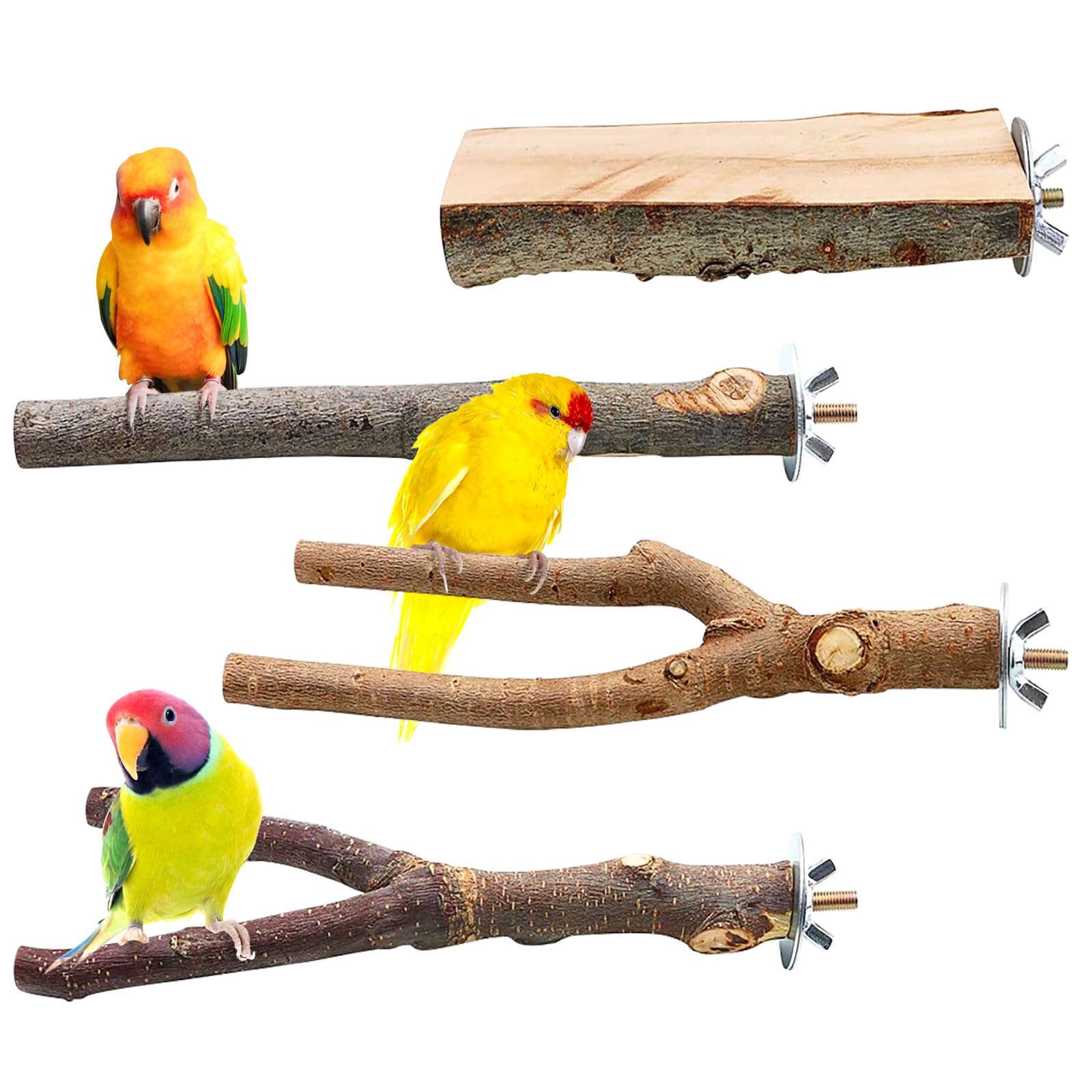 KIPTVO 4PCS Natural Wood Bird Perch, Budgie Perches, Parrot Perch, Wooden Perch Bird Swing, T Stand Parrot Perch Stands