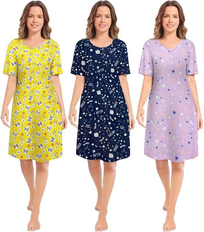 3 Pack Nightgowns for Women Summer Short Sleeve Night Gowns | Soft Sleep Shirts Women's Sleepwear Print Sleep Dress S-3X