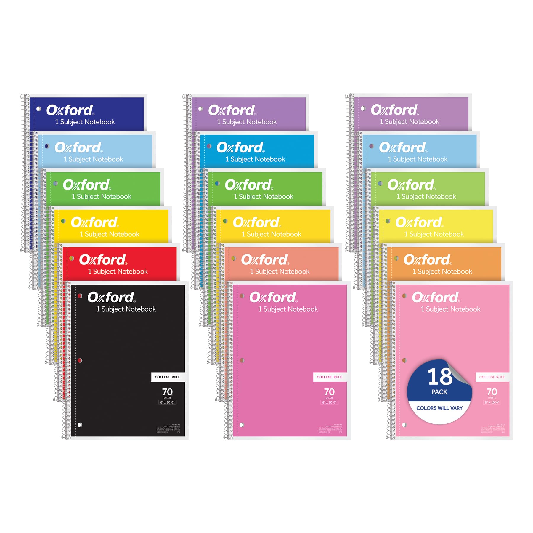 Oxford Spiral Notebooks, 18 Count Bulk Pack, 1 Subject, College Ruled Notebooks for School, 8 x 10.5 Inches, 70 Sheets, Assorted Colors, Back to School Supplies (65206)