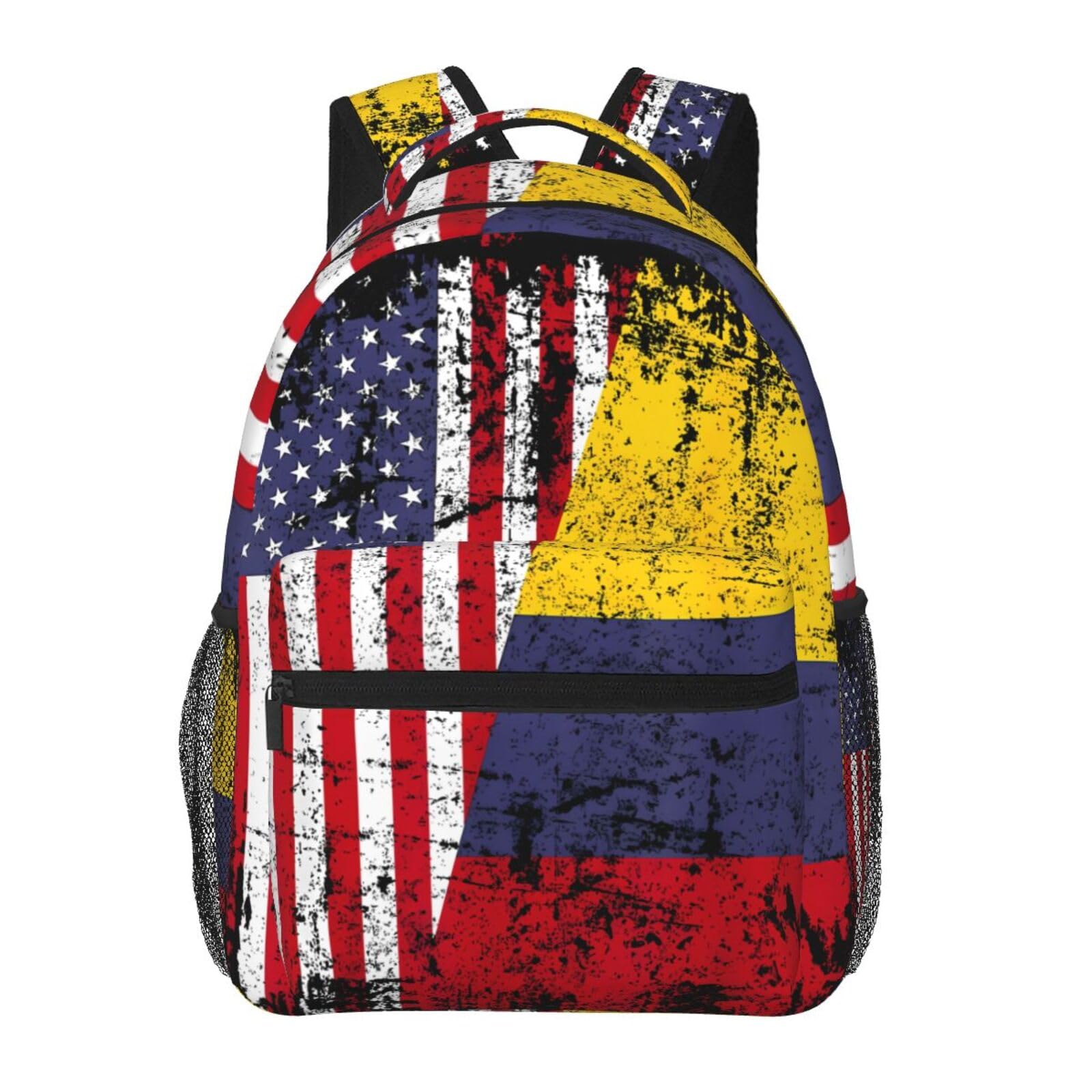 SEOCKA Colombian Roots Half American Flag Colombia Casual Backpack Travel Pack Bag Laptop Backpacks With Side Pockets Front Zipper Pockets Bookpack