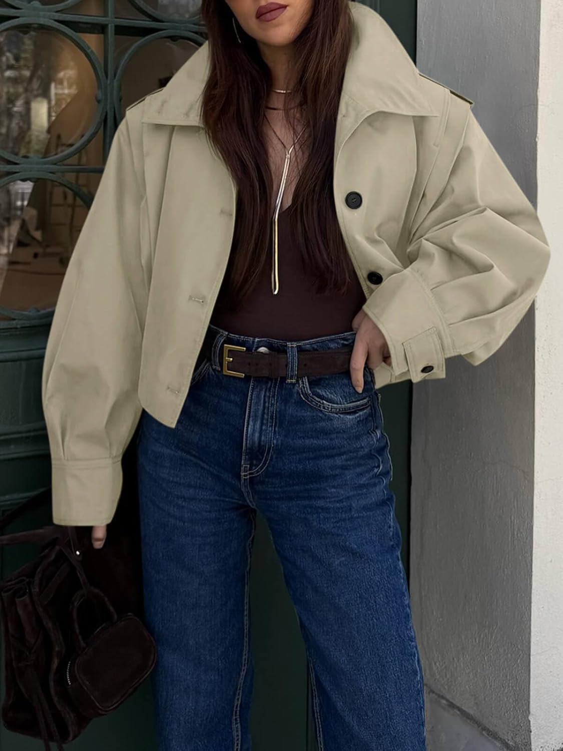 Cicy Bell Womens Cropped Trench Coats Pleated Button Down Short Jackets Fall Casual Lapel Loose Fit Outerwears