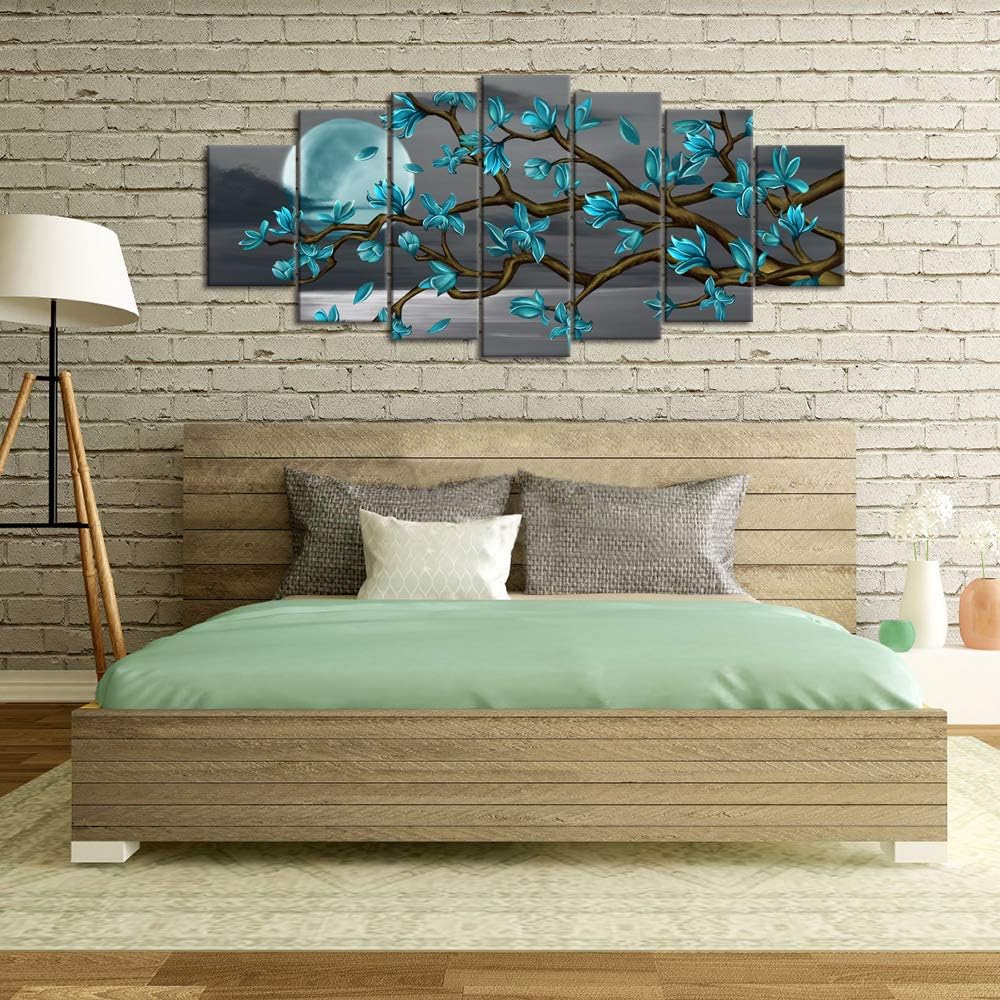 Visual Art Decor XLarge 7 Piece Teal Full Moon Lanscape Wall Art Teal Tree Painting Canvas Art Prints Framed Ready to Hang, 70x32inch