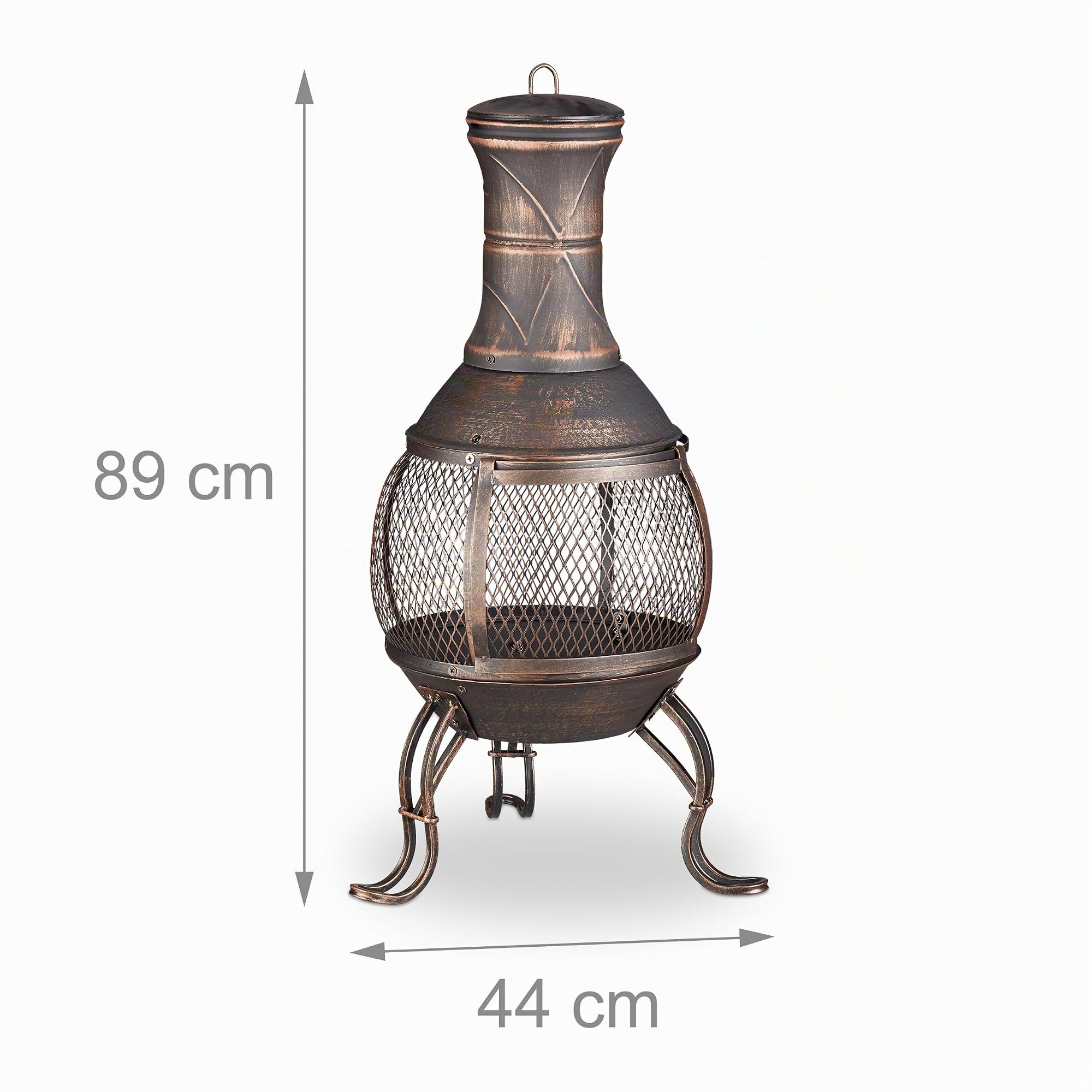 Relaxdays Brasero de Jardín, Atizador, Rejilla, Protección Antichispas, Parrilla, Horno Exterior, Altura 89 cm, Bronce