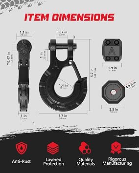 3/8 Winch Hook & Winch Cable Hook Stopper Sets, Heavy Duty Grade 70 Forged Steel Recovery Hook with Safety Latch, Included Allen Wrench, Max 37,478 Lbs, Black