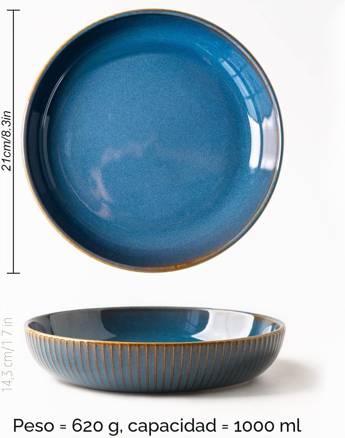 CSYY 21 cm Platos Hondos, 4 azules Platos para pasta, Platos Juegos de Porcelana, 1000 ml Platos llanos Platos para Ensalada Juegos