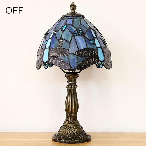 Miniatura 7 de Tiffany - Lámpara de mesa pequeña, diseño de libélula azul, 3 colores de temperatura, lámpara de mesa antigua, lámpara de mesita de noche para