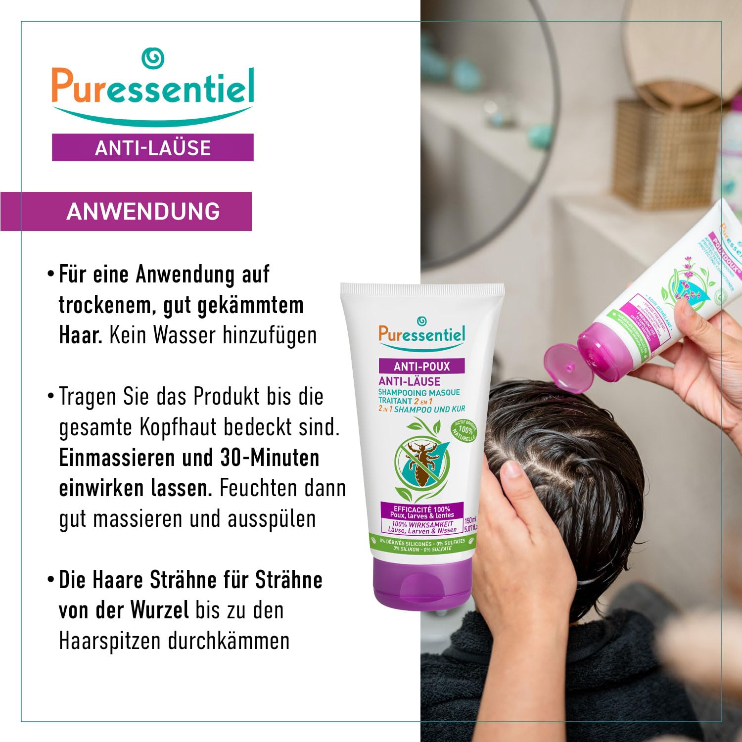 Puressentiel - Anti-Läuse Shampoo-Maske 2 in 1 mit Kamm - Natürliche Behandlung gegen Läuse, Larven, Nissen – Wirkstoff 100% natürlichen Ursprungs - 150 ml