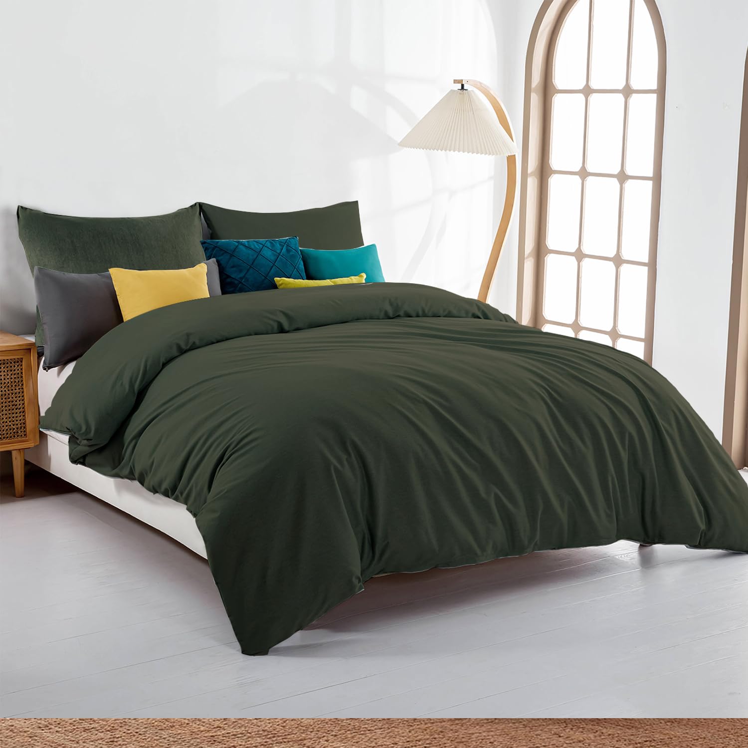 Soifox Juego de funda de edredón de microfibra color verde oliva, con 2 fundas de almohada a juego, ultrasuave, no necesita planchado, transpirable (220 x 260 cm)