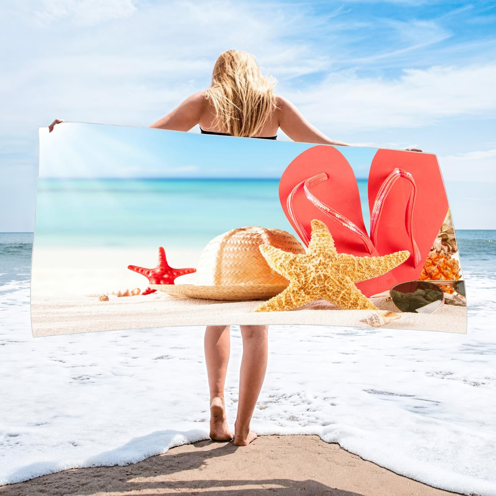 AMDXD Toallas de playa coloridas, impresas con sombrero de paja, pantuflas y estrellas de mar, toalla de playa, microfibra, toalla de baño sin arena, toalla de rizo para fitness, viajes, playa