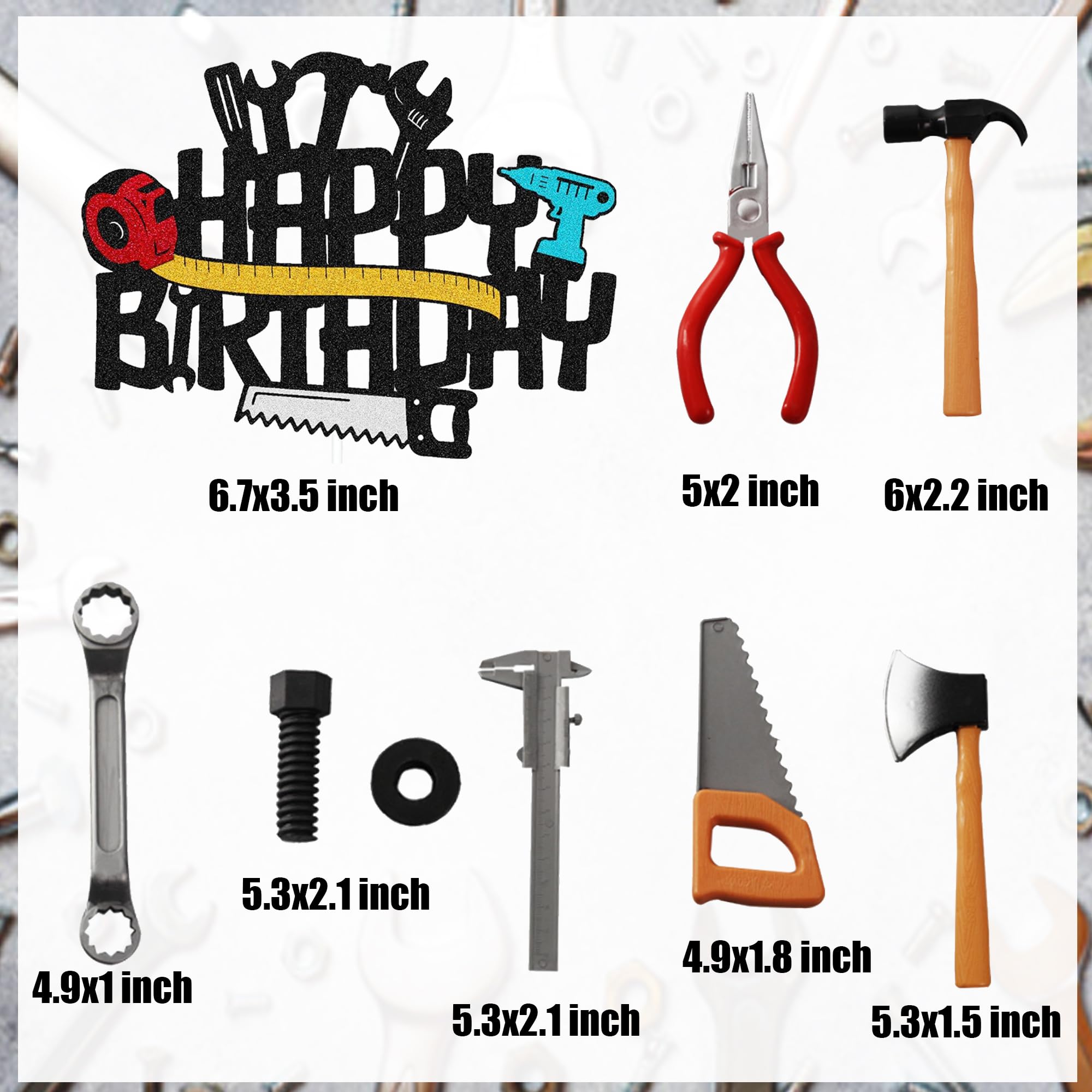 Tools Cake Topper Wrench Hammer Drill Plier Handsaw Tape Measure Screwdrivers Themed Happy Birthday Party Cake Decor