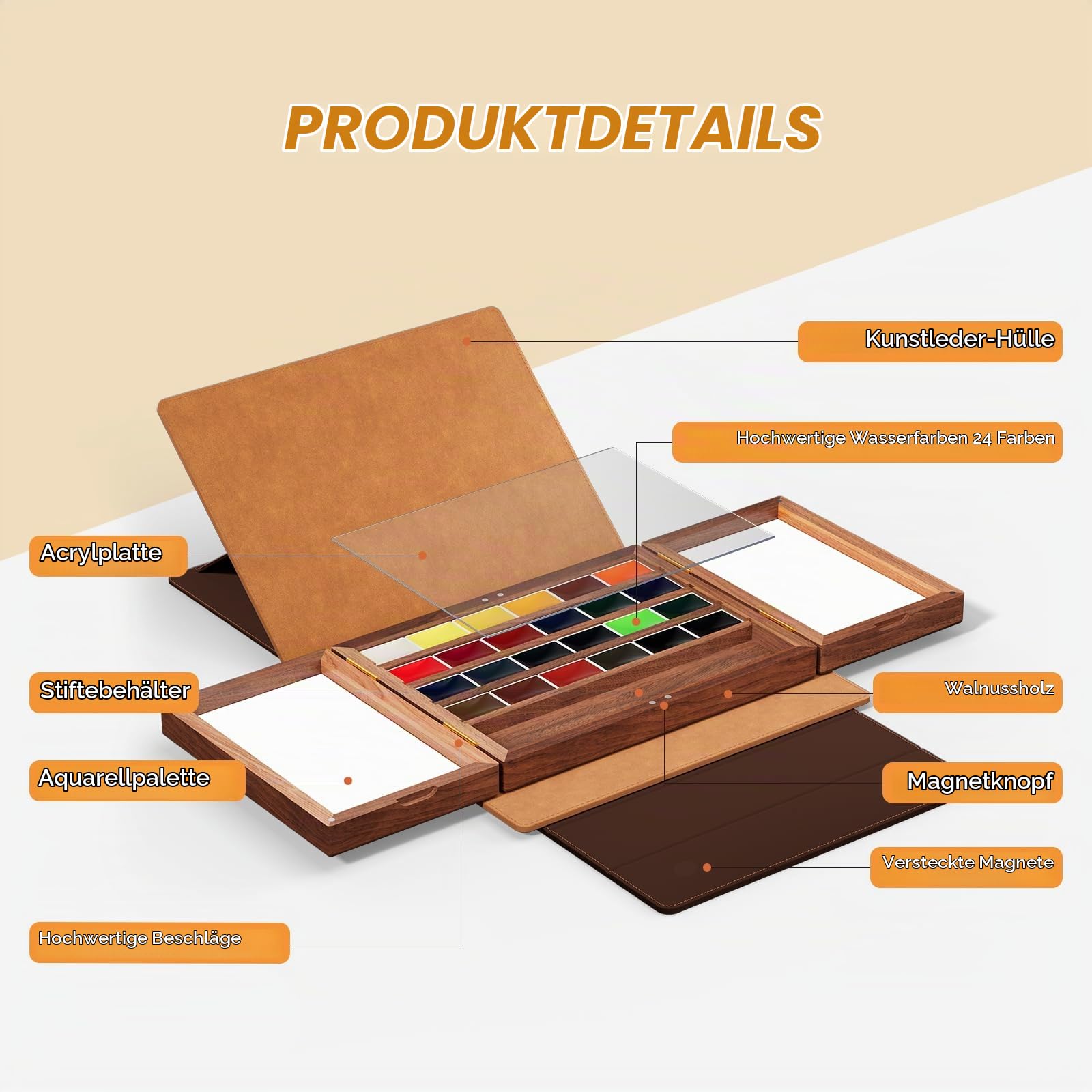 LIGHTWISH Künstler Aquarell Set 24 Farben - Premium Wasserfarben Blöcke in Walnussholz Box mit Mattleder Etui, Reise Aquarellfarben Profi Qualität hohe Pigmentkonzentration | Verstellbarem Winkel & Kunstleder-Etui - Portables Reise-Aquarellkasten Set für