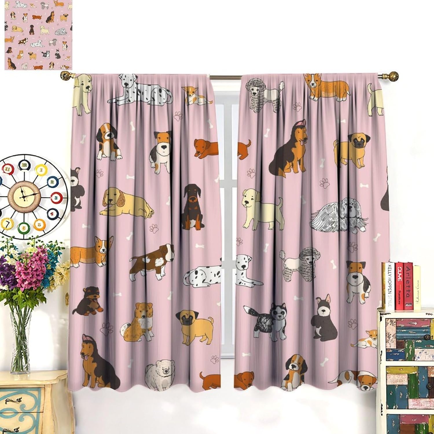 Cute Dogs Animals Blackout Curtain, Cartoon Pets Cute Animal Lovely Pet Puppy Claw Prints Window Curtain Drapes for Kids Bedroom Living Room Home 42" W X 45" L