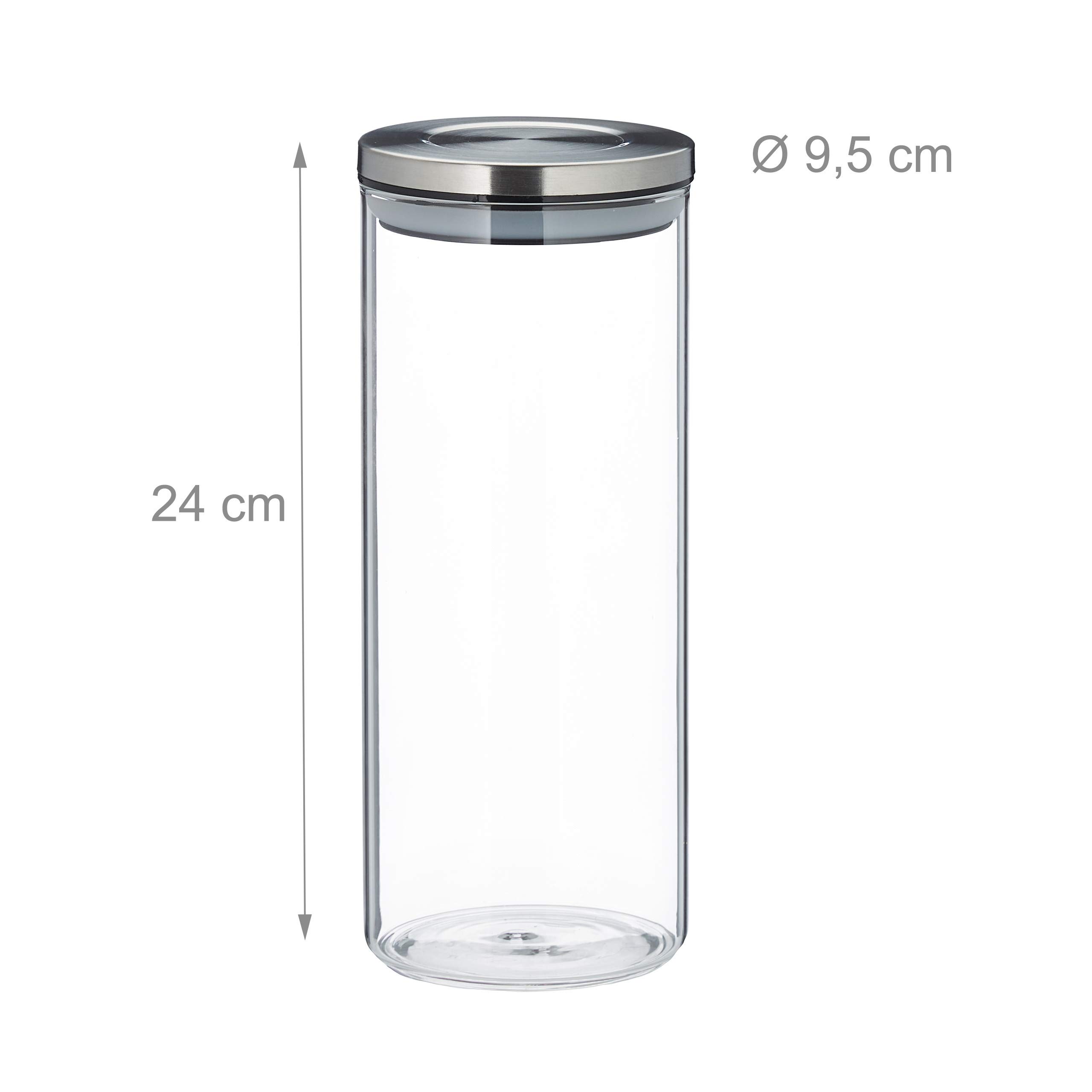 Relaxdays Vorratsglas 3er Set, luftdicht, Edelstahl Deckel, für Pasta, Müsli & Reis, 1,5 l Küchenbehälter, Silbertransparent, 24 x 9.5 x 9.5 cm, Silber Transparent (Packung mit 3)