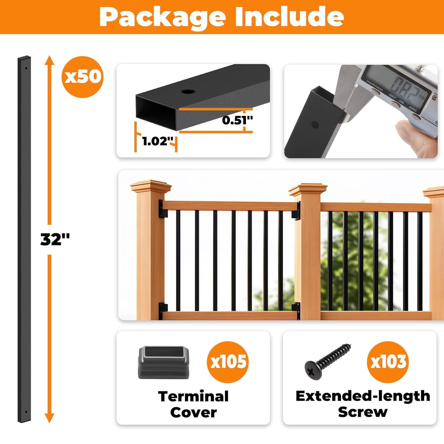 Sidasu 50 Pack 32 Inch Black Metal Deck Balusters for Deck Baluster Replacement, Rectangular Spindles for Porch Railing and Stair Railing, Side Mount Kit with Hardware