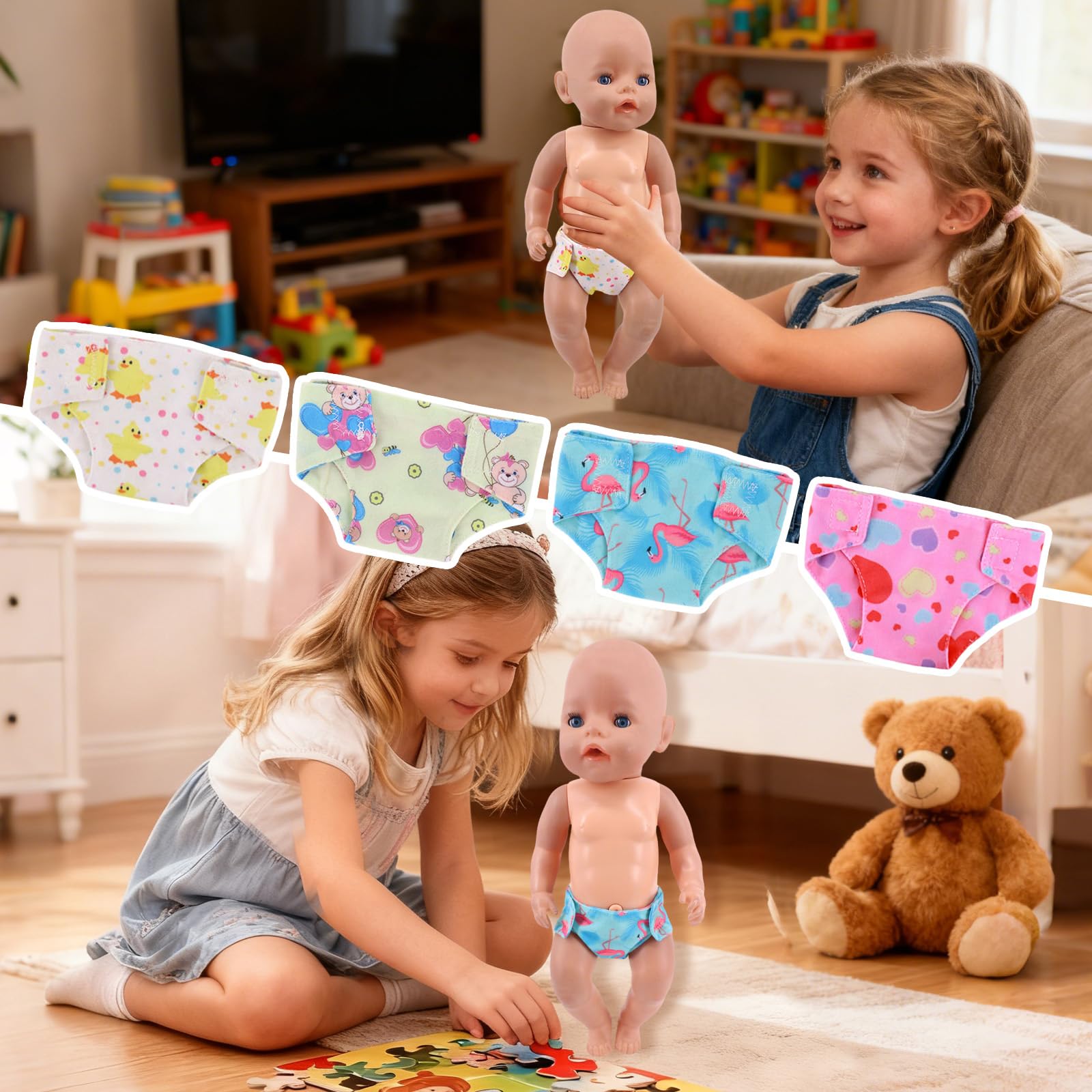 Xerteam 4 Pcs Doll Nappies 4 Doll Socks, Baby Doll Accessories Set for 12-18 Inch Doll - Image 3