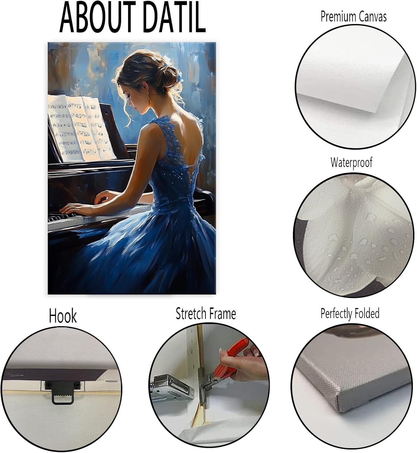 GLOKAKA Elegant Girl Canvas Wall Art Female Playing Piano Painting Print Abstract Woman Portrait Poster Artwork for Living Room Bedroom Wall Decor(Artwork-1,12"x18")