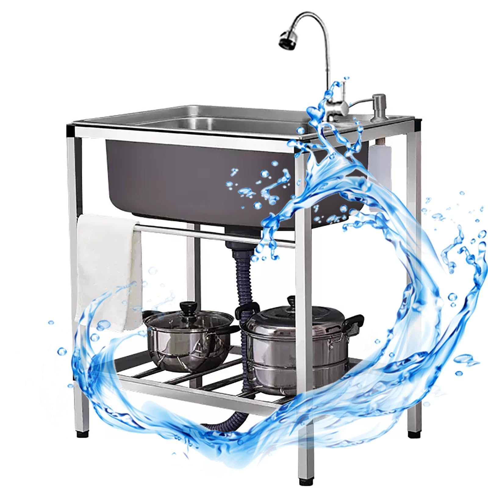 Stainless Steel Sink,Single Bowl Kitchen Sink,Commercial Restaurant Sink,Outdoor Kitchen Sink Free Standing,with Hot Cold Water Tap and Draining Rack,for Outdoor,Restaura (Vientiane Faucet 68*44cm)
