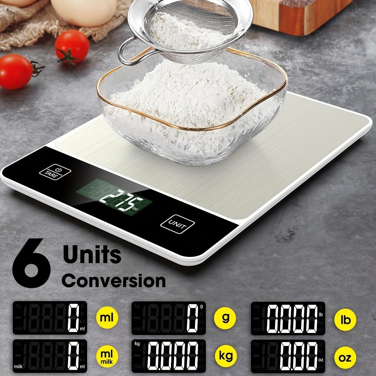 Digital Kitchen Scale, Stainless Steel Platform, LCD Display, Tare Function, Unit Conversion