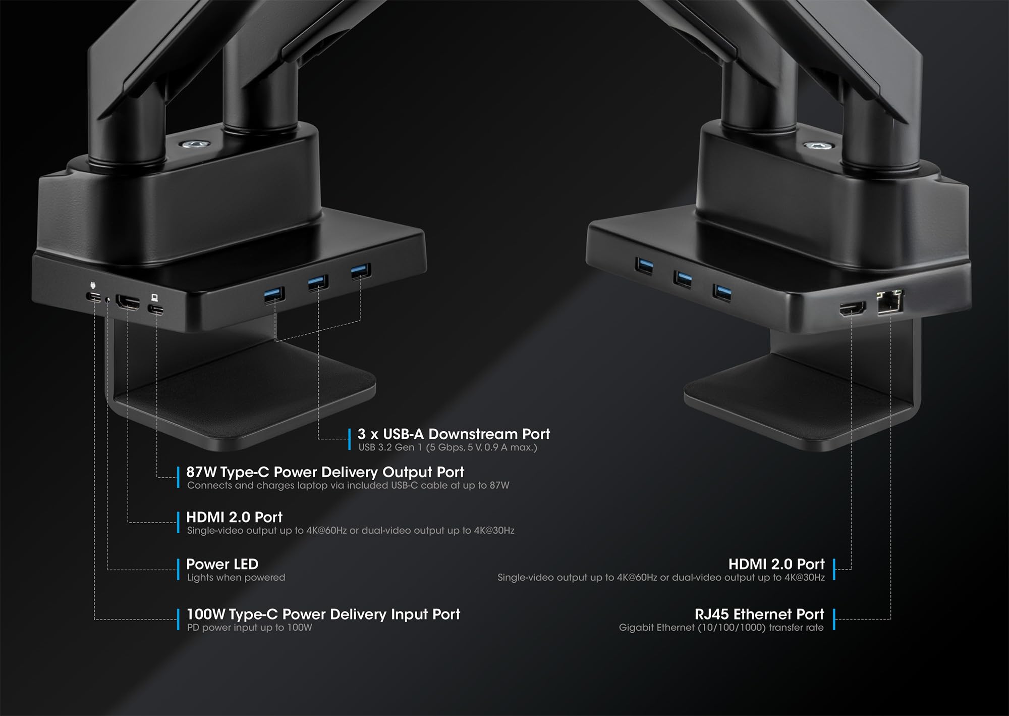 Manhattan 461887 Supporti a parete per TV 81,3 cm [32] Scrivania Nero (TV/MONITOR DESK MOUNT DUAL DOCK - -GAS DUAL 27IN ENET/HDMI/USB-A/C)