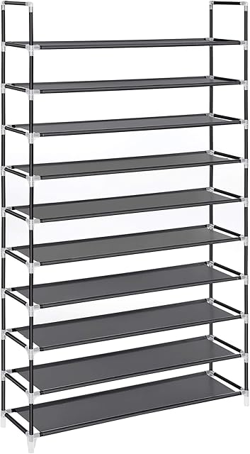 SONGMICS 10-Tier Shoe Rack, Storage Organiser, Holds up to 50 Pairs of Shoes, for Living Room, Cloakroom and Hallway, Non-Woven Fabric, 100 x 29 x 175 cm, Black LSR10H