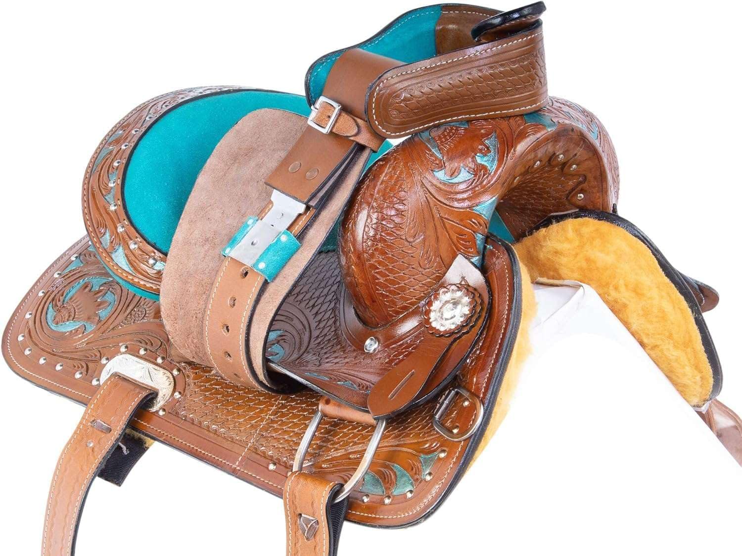 Western Leather Barrel Saddle Floral Embossed Tooled Trail Rodeo Horse Saddle with Matching Headstall, Reins and Breast Collar