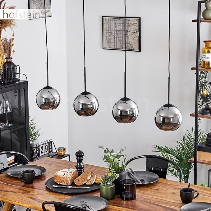 hofstein Koyoto hanglamp, metaal/glas hanglamp in zwart/chroom, 4-lamps armatuur in vintage/retro design met glazen kappen (Ø 15 cm), hoogte max. 147,5 cm, 4 x E27, gloeilampen niet inbegrepen photo 3