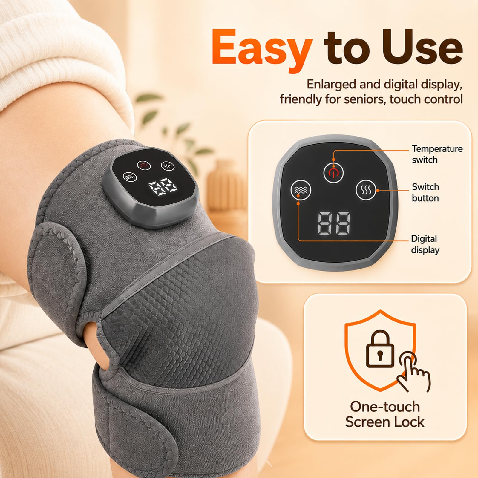 Rodillera Térmica Inalámbrica, Envoltura de Rodillera Calefactada con Control de Pantalla Táctil, 4 Niveles Calor, 3 Modos de Masaje, Almohadilla para Hombro Codo, para Ginocchio Spalla Gomito