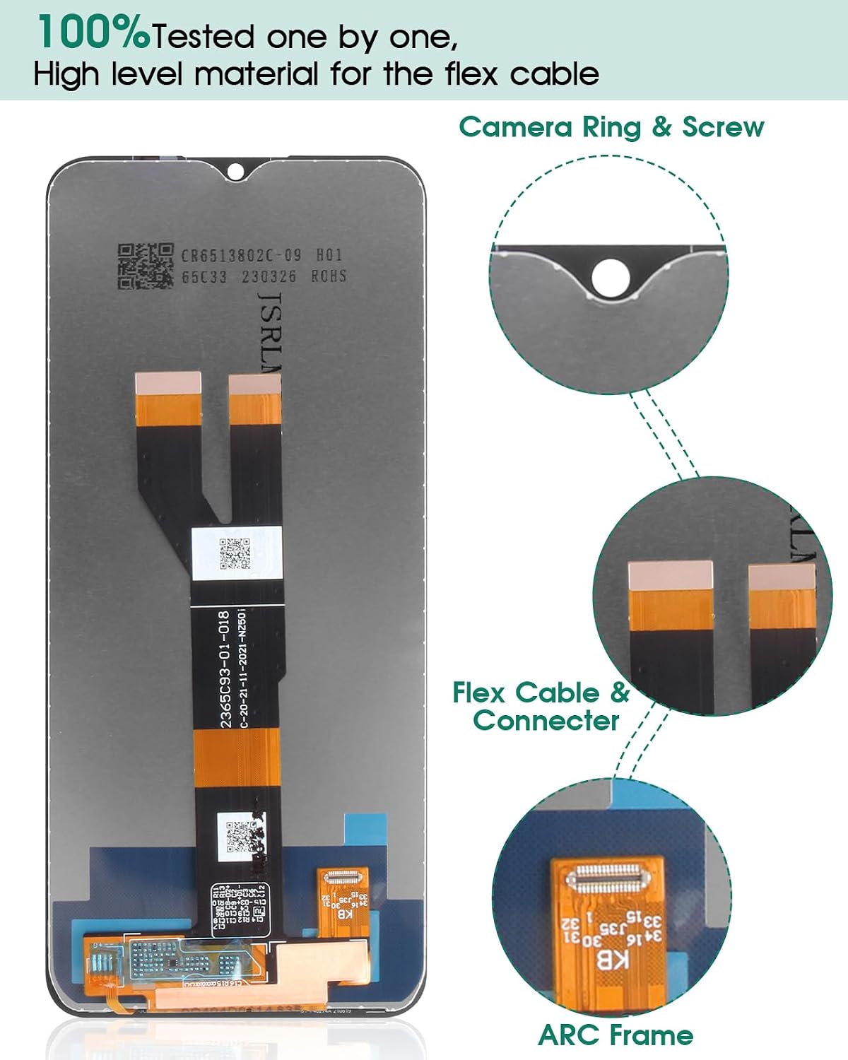 Detailed view of the screen's components: flex cable, camera ring, screw, and ARC frame