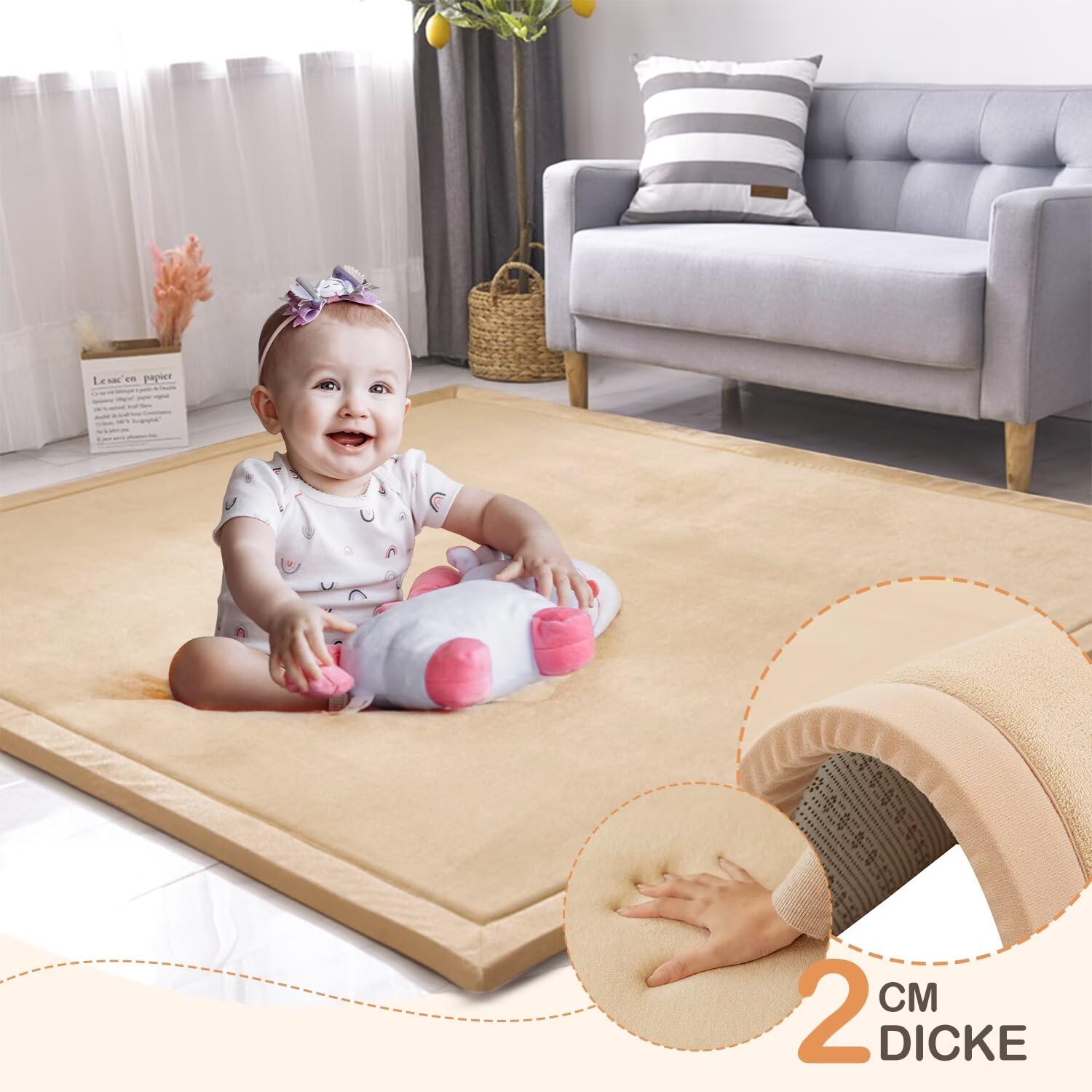 Tappeto di Velluto Corallo Ispessimento per Bambini, Coperta Strisciante Morbida, Tatami Antiscivolo (Marrone Chiaro, 200 * 220CM)