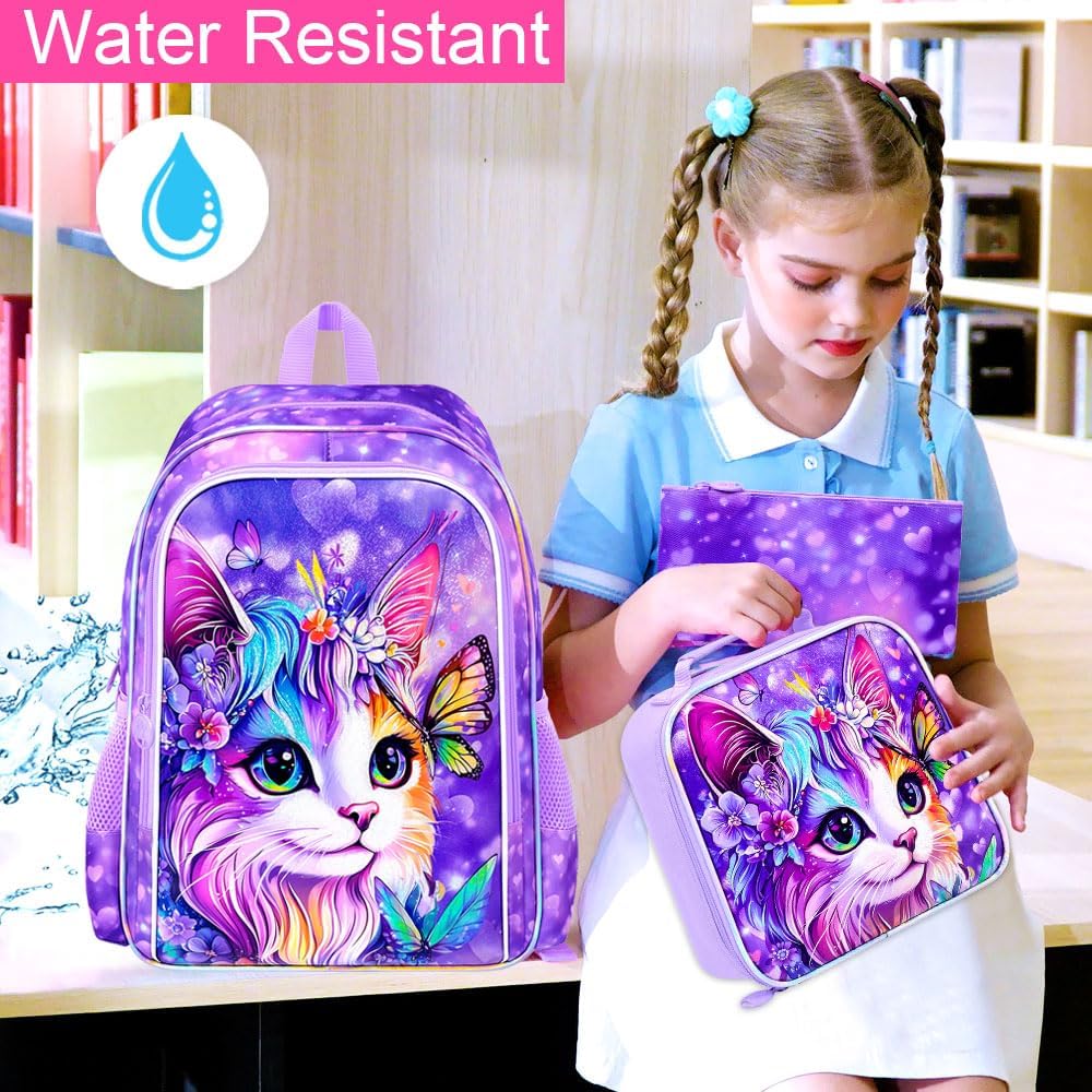 3Pcs Cat Backpack for Girls, 16" School Bookbag Set with Lunch Box，Kids Backpacks for Elementary Preschool Kindergarten (Purple)