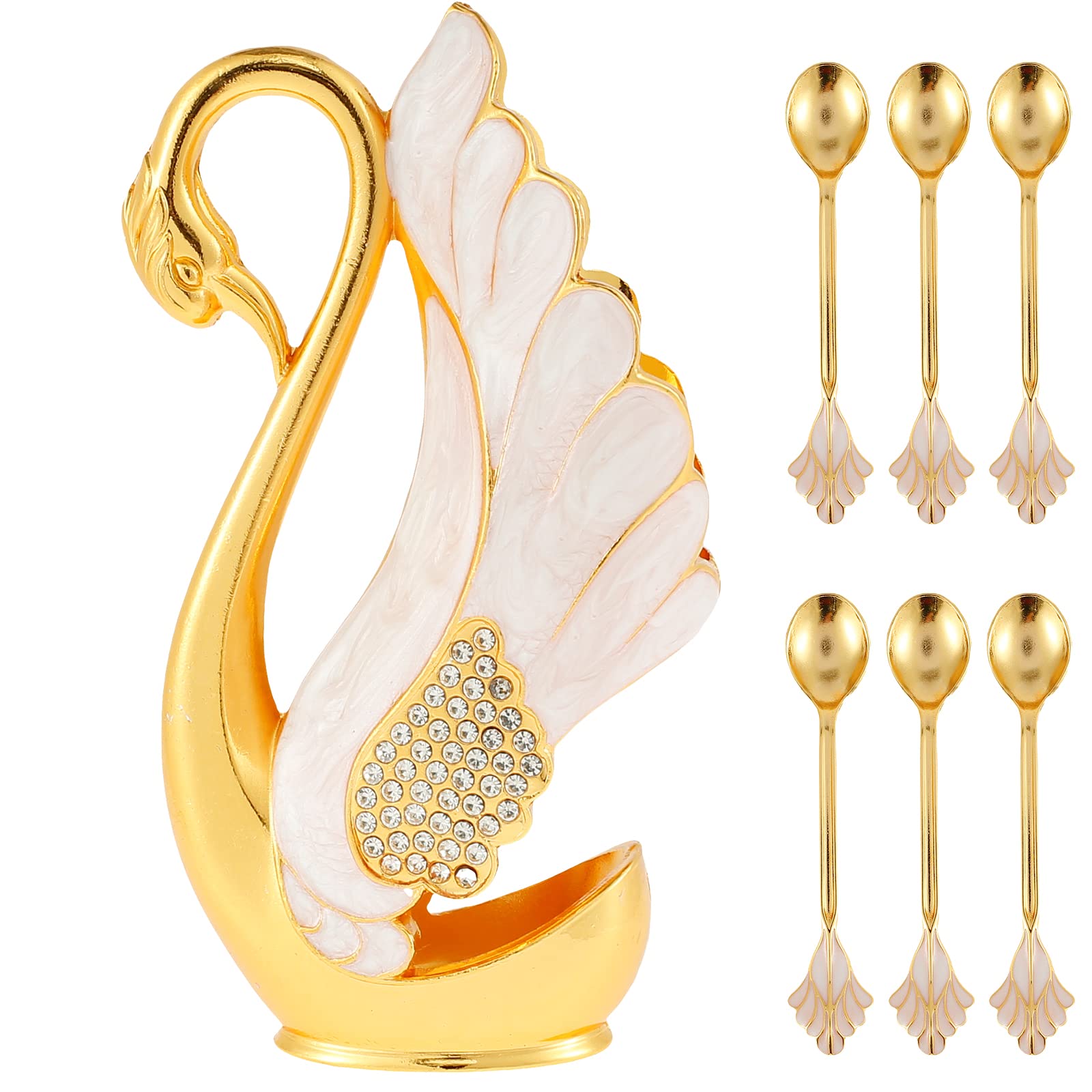 Swan Base Holder Spoons Set Zinc Alloy Swan Base Spoon Organizer Elegant Fruit/Dessert Swan Flatware Decorative Mini Teaspoons for Dessert Coffee Ice Cream Cake(1 Swan Base Holder 6 Spoons)(Golden)