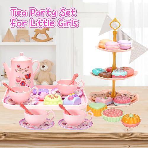 Miniatura 7 de Juego de 42 piezas de fiesta de té de plástico para niñas, con soporte de postre de 3 niveles y estuche de transporte, juegos de té de juguete para