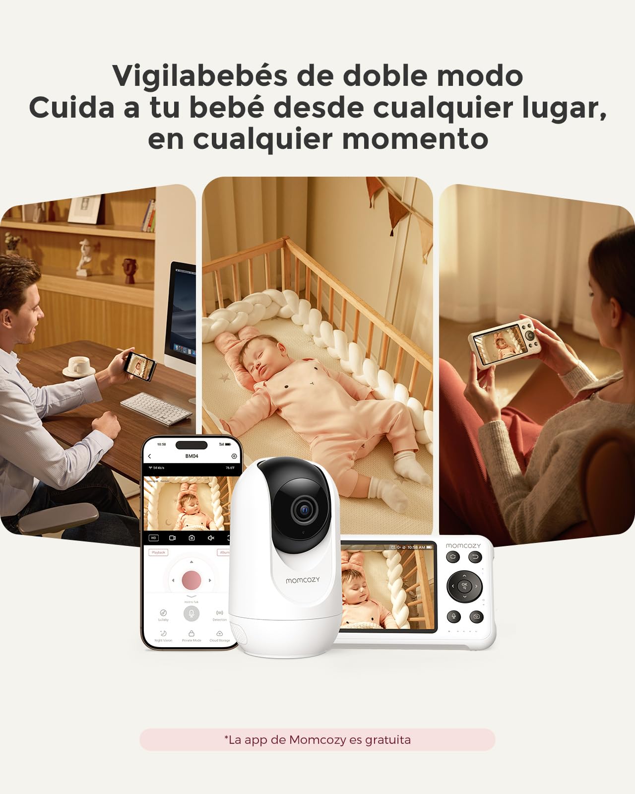 momcozy Vigilabebés WiFi de 5" con Cámara HD, Audio Bidireccional, Zoom 4X, Detección de Movimiento y Llanto, Zona Segura, Visión Nocturna Clara, Grabación de Foto y Vídeo
