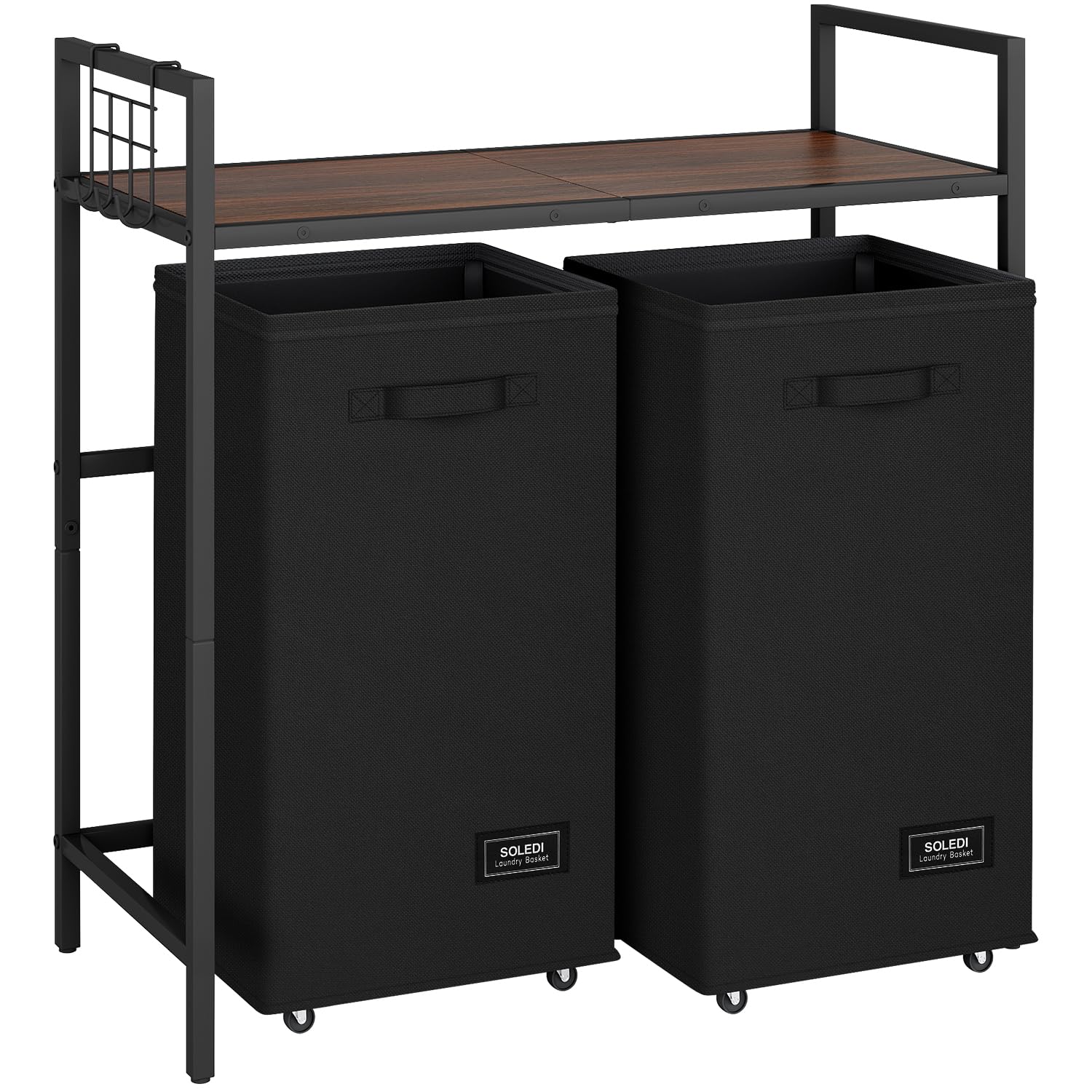 SOLEDI Double Laundry Hamper with Shelf, Rolling Laundry Basket with Wheels, Metal Frame Laundry Sorter Organizer, 120L Large Clothes Hamper for Laundry Room Bathroom Brown