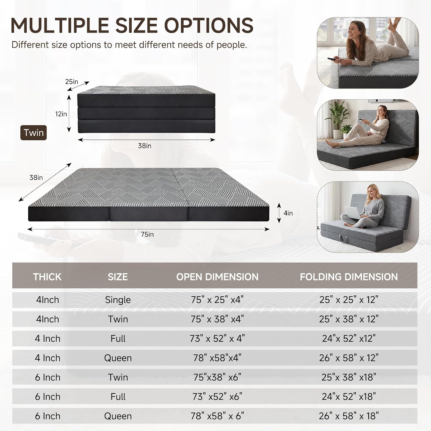Memory Foam Tri Folding Mattress Twin Size - Tri-fold Mattress, Handle & Non-Slip Bottom, Portable Foldable Sofa Bed Floor Chair for Travel RV Camping Guest Yoga - 4 Inch, 75" 38"x4"