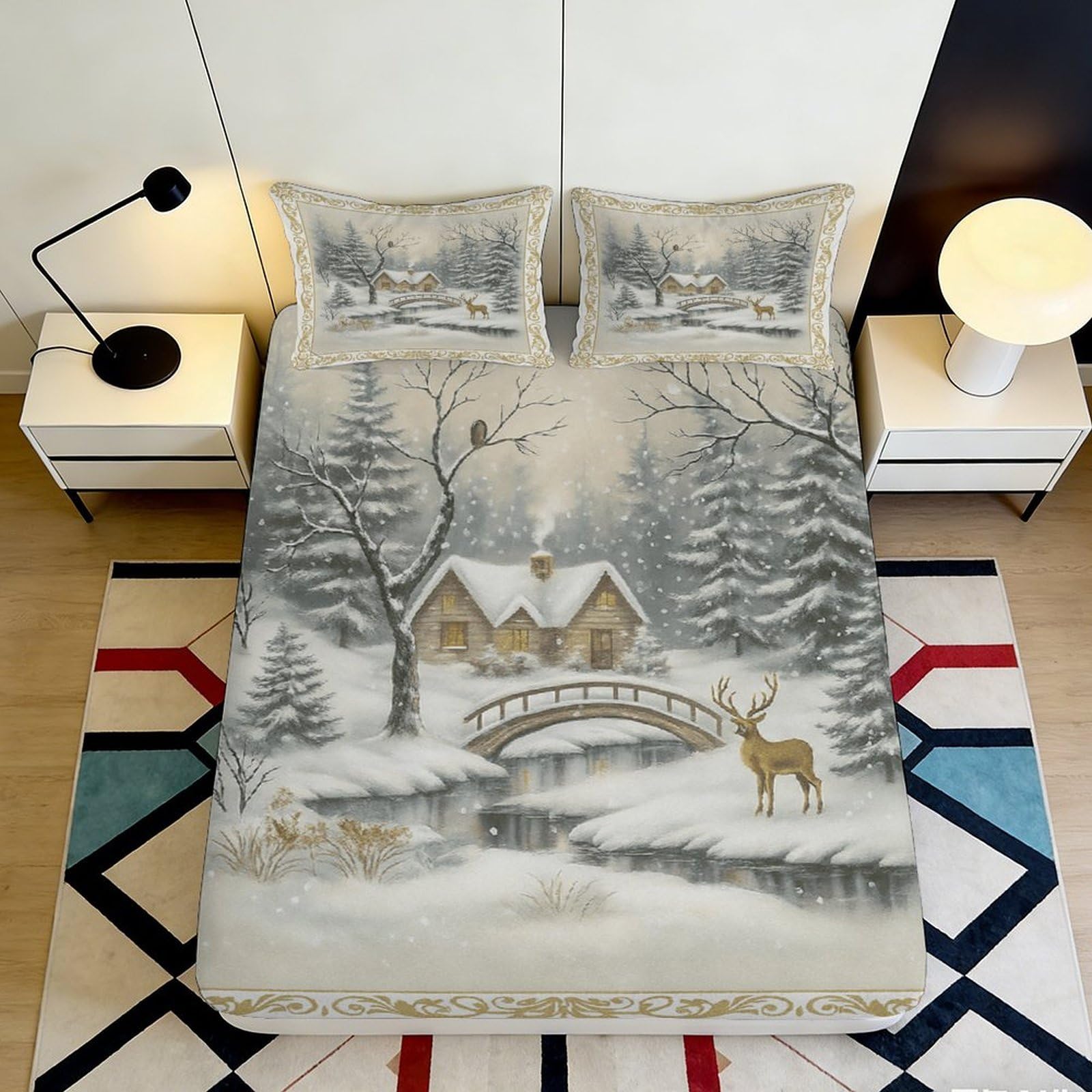Jqzkxnhpbr Style-8 3D Printed Winter Cabin Fitted Sheet Microfiber Soft Grey Forest Deer Mattress Cover For Bedroom Guest Room Decor 90X200x25cm