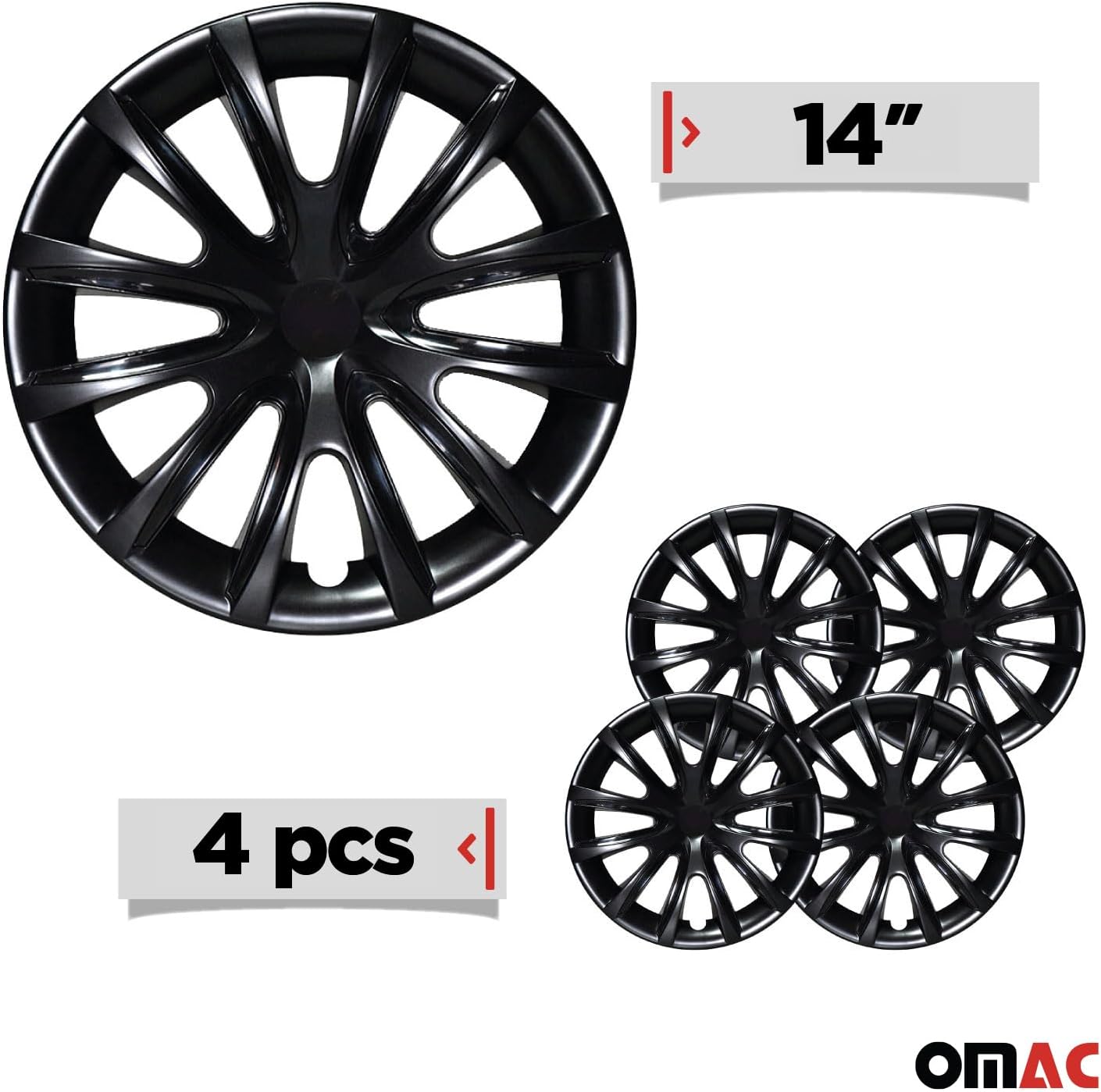 OMAC - Black with Black Hub Caps 14 Inch Set of 4, Tapas para Rines 14, Premium Wheel Covers 14 Inch, R14 Rim Cover Set, Snap On Durable Car Replacement Exterior Accessories