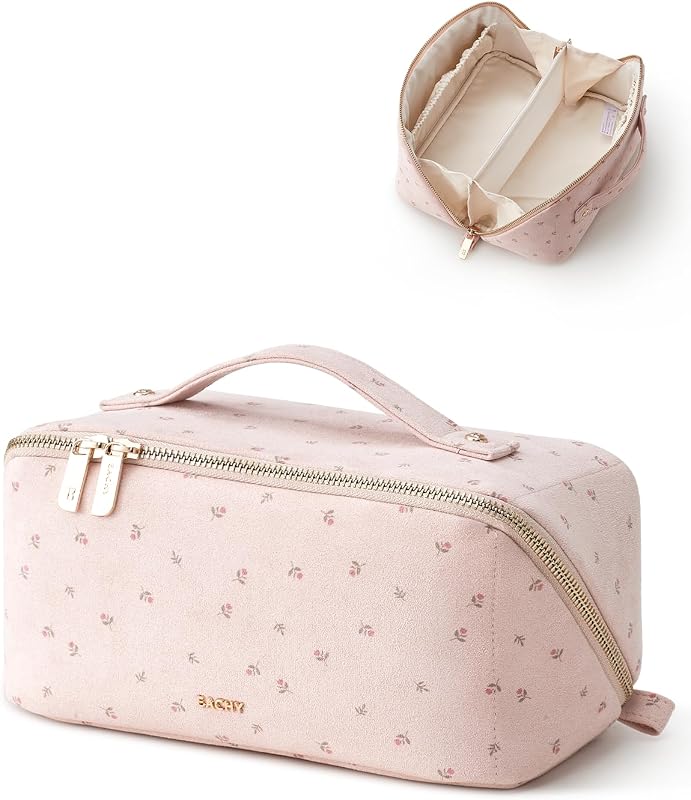Necessaire de maquiagem EACHY em camurça sintética floral CC-Pink Suede com divisória e alça, Pacote com 1