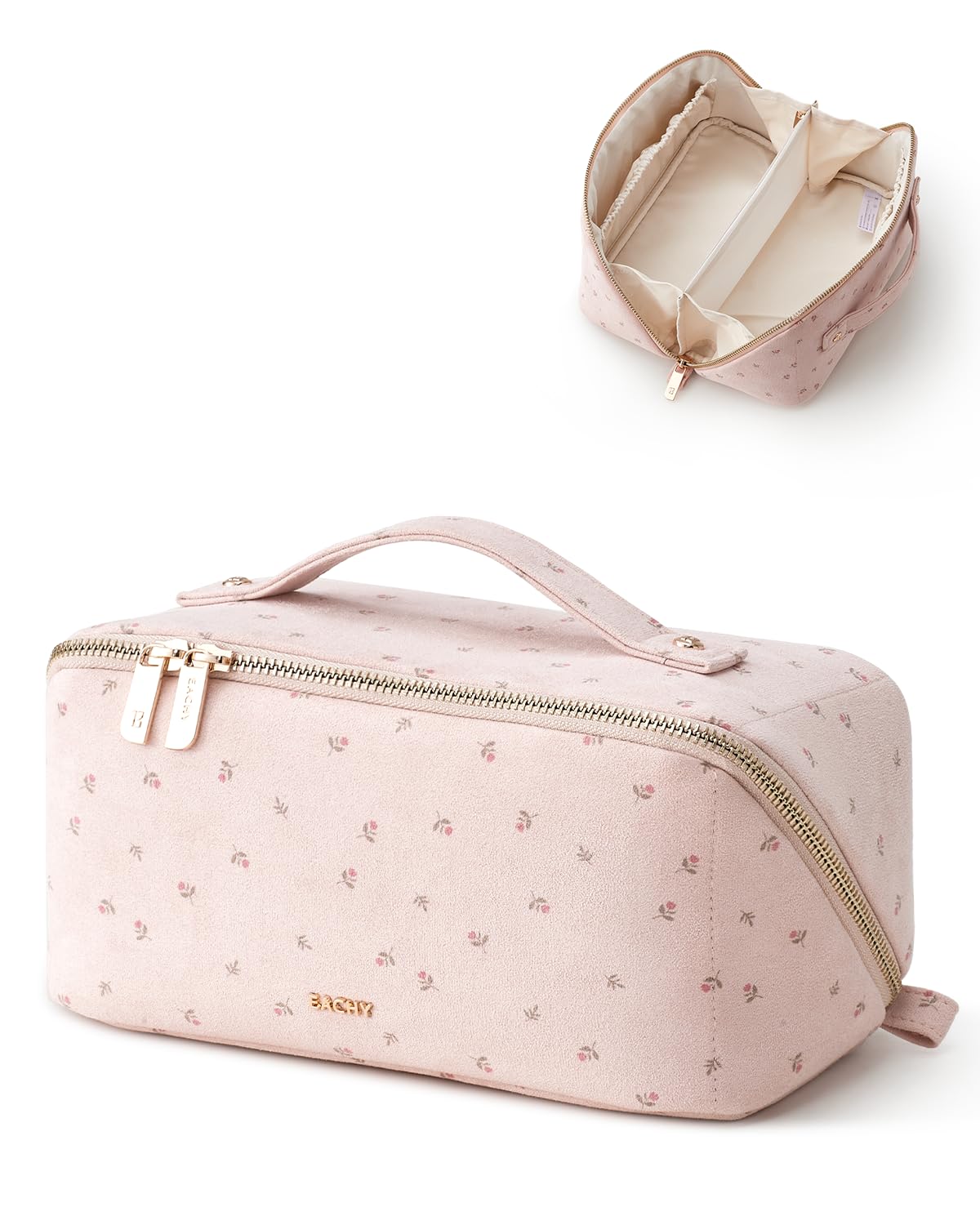 EACHY Makeup Bag, Soft Suede Floral Cosmetic Bag for Women, Portable 180° Wide-Open Flat Makeup Pouch, Large Capacity Travel Toiletry Bag with Divider and Handle
