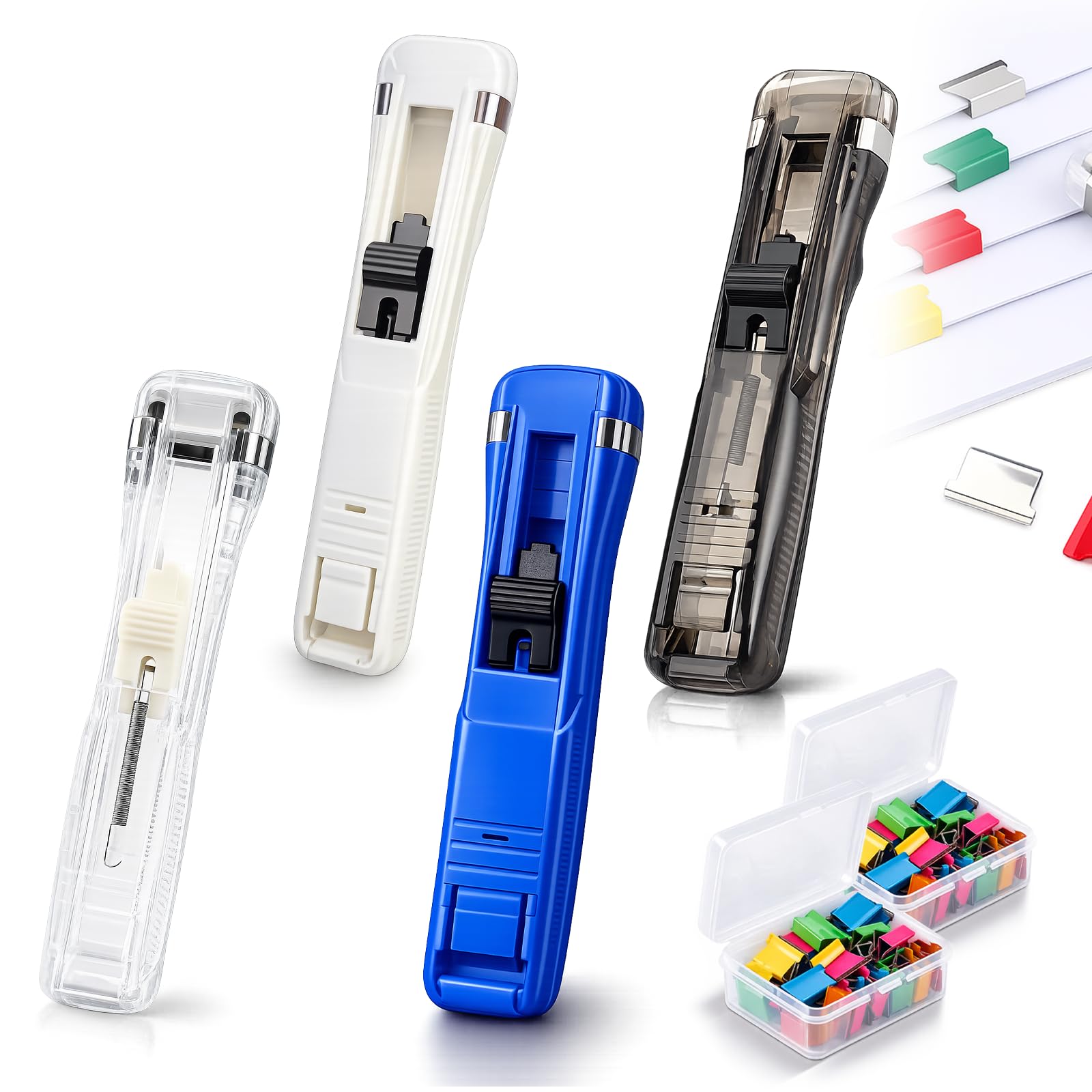 Portable Binder Clip Stapler-Includes 50 Reusable Clips, Staple Free Stapler Dispenser, Handheld Paper Clam Push Fastener, Desktop Staplers for Home Office Desk Document Supplies (4PCS-B)