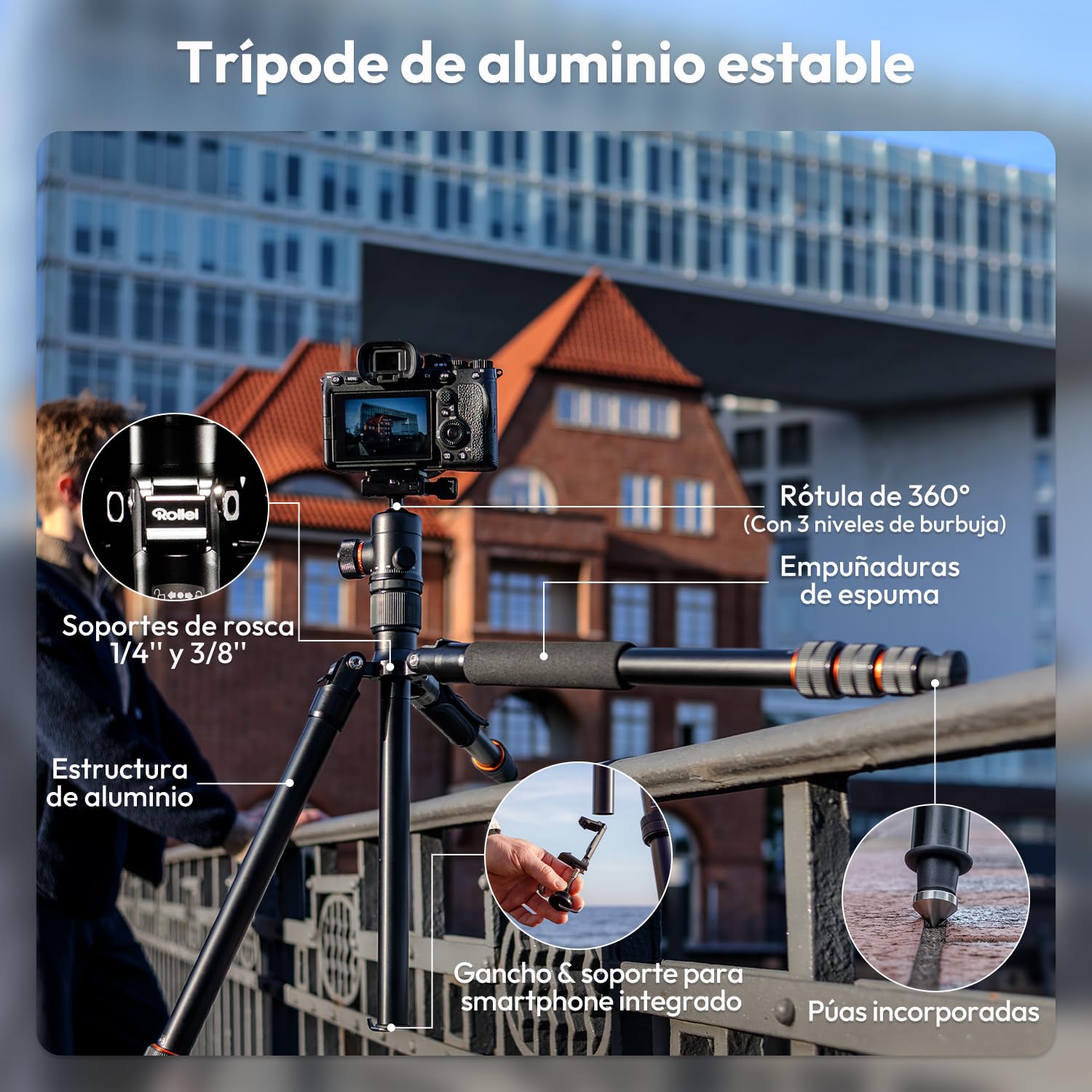 Rollei C5i Tripode Camara Nergo 158cm Trípode Cámara de Viaje en Aluminio | Tripod Ligero con Función Monopié Carga 8kg con Soporte para Movil y Cabezal Esférico 360° Tripode para DSLR y Smartphone