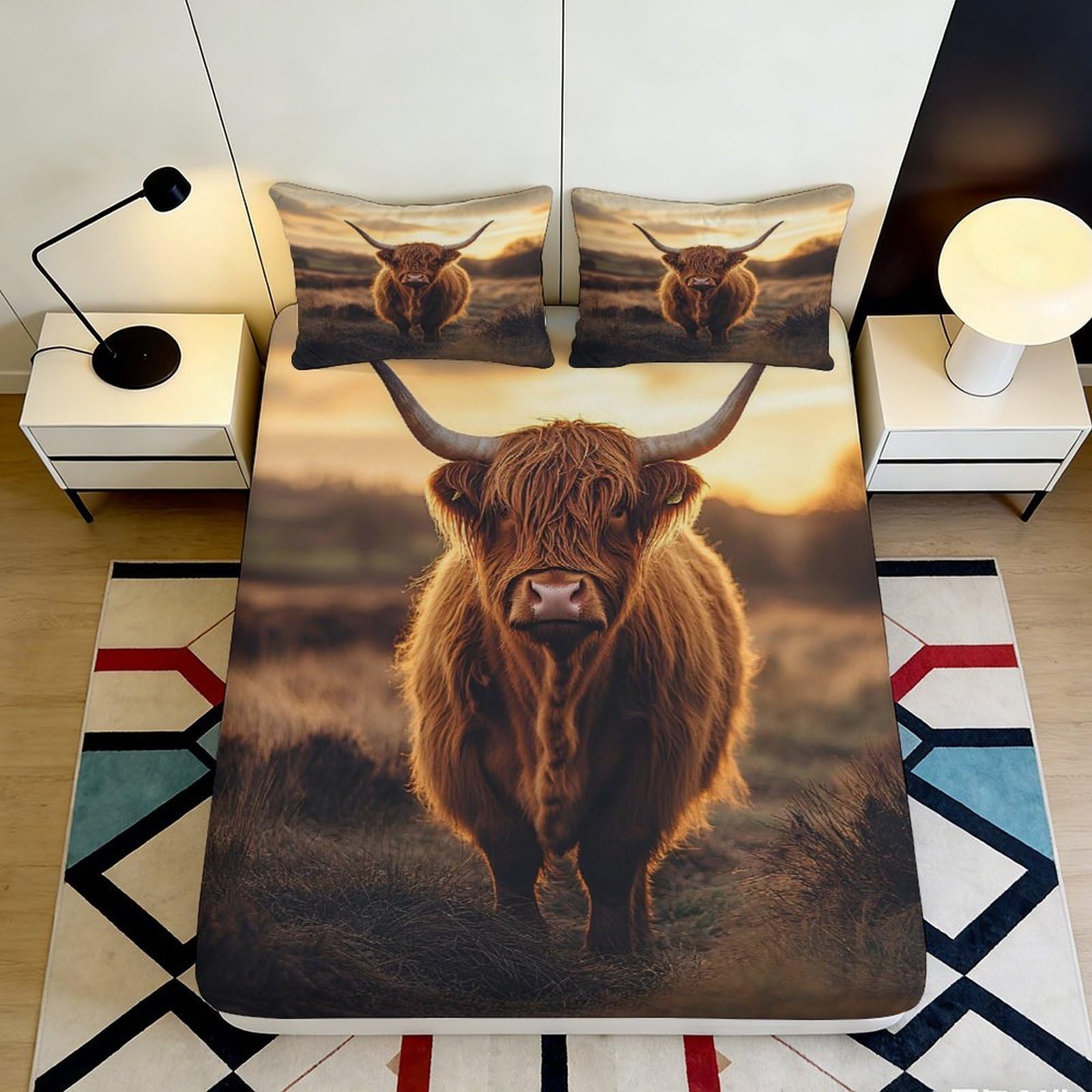 3D Printed Highland Cow Fitted Sheet Microfiber Anti-Slip Rustic Pasture Mattress Cover Bedroom Decor Washable 140x200x25cm