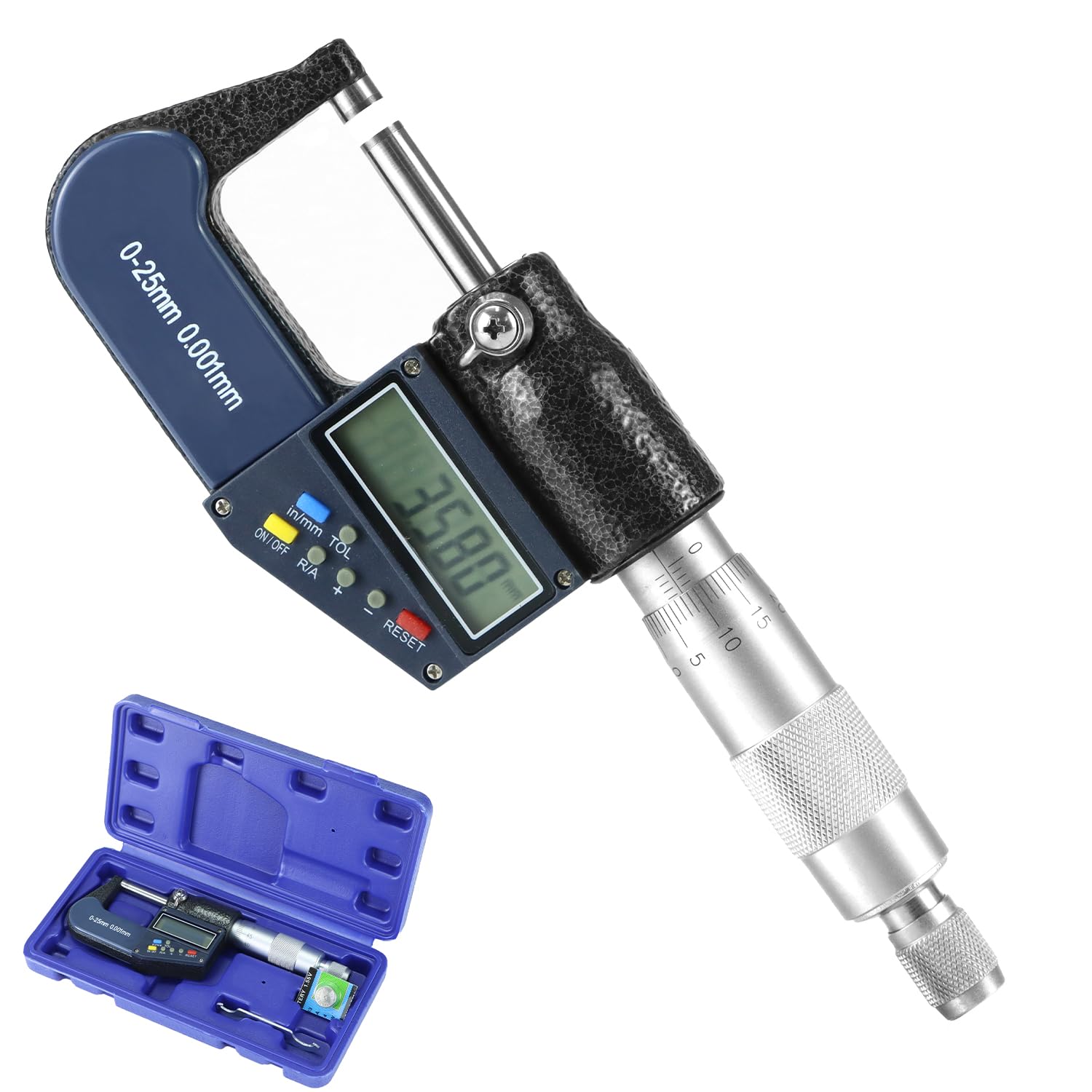 QWORK Micrómetro exterior digital con punta de carburo, rango de medición de 0 a 25 mm, alta precisión ± 0,002 mm, pantalla LCD