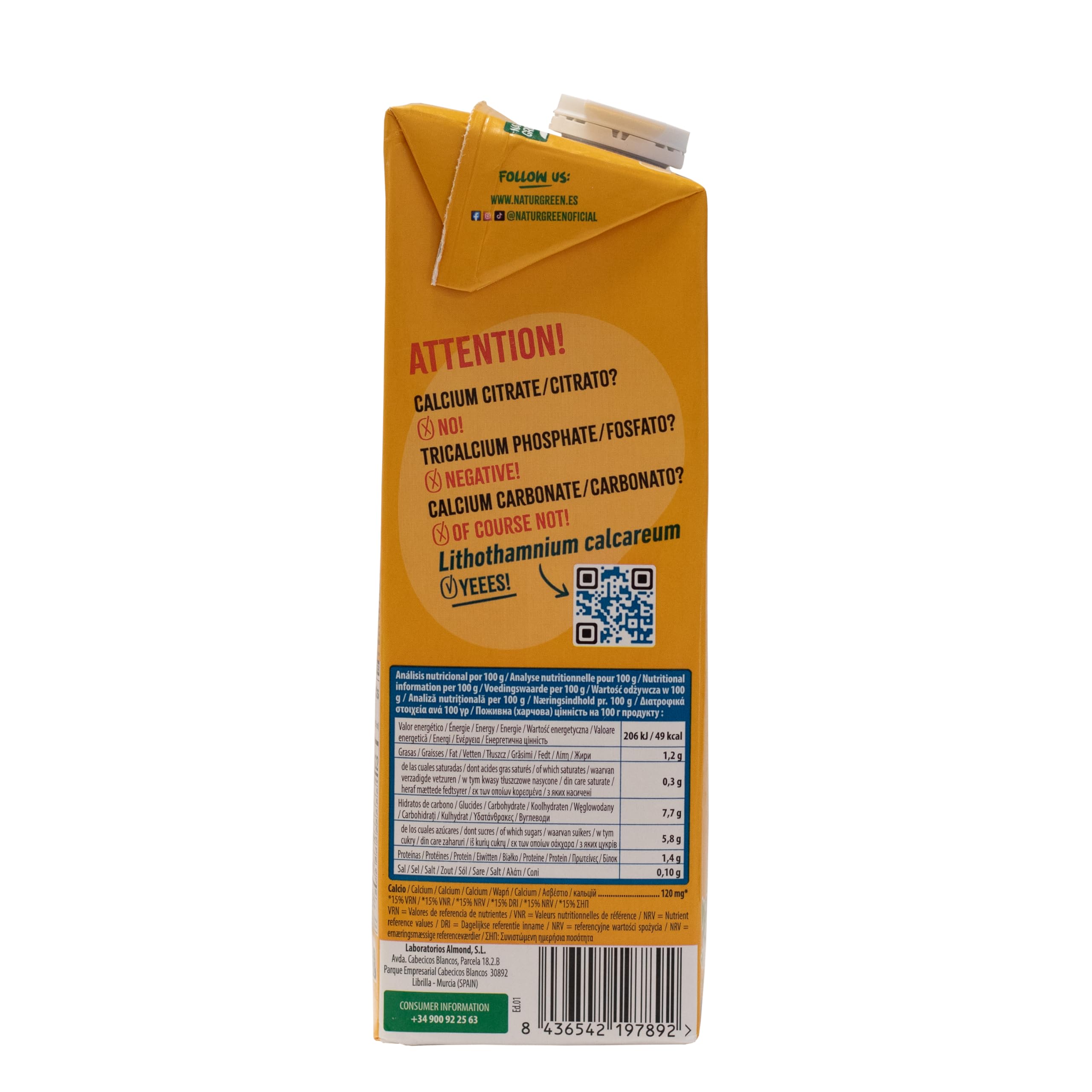 NaturGreen - Oat/Avena Calcium Sin Azúcar Añadido, Bebida Vegetal de Avena sin Azúcares Añadidos y con Calcio, 100% Vegano, Sin Soja, Sin Gluten, Sin Lactosa, Sin Frutos Secos - 1L