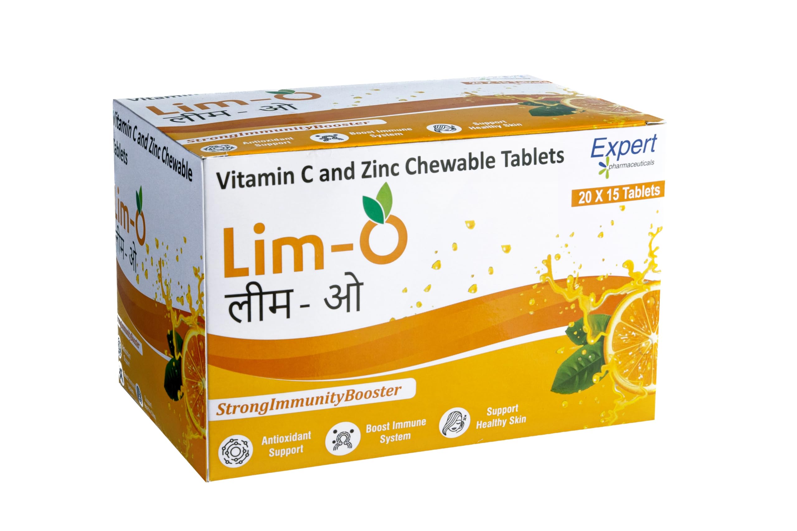 Lim-O Vitamin C(500mg) & Zinc, Chewable Tablets for Immunity Skin – Vegan Formula For Men Women, Orange Flavour (75 Tablets)
