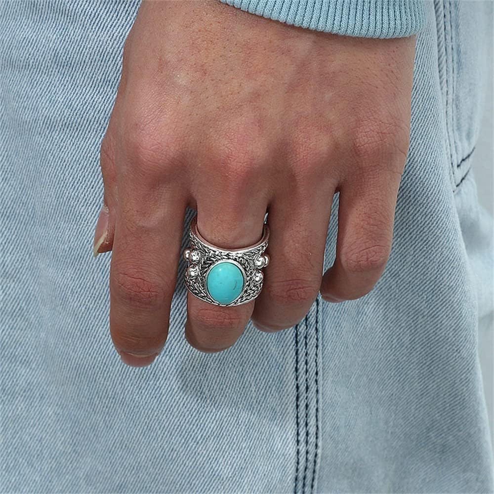 Dtja Turquoise Adjustable Open Wide Band Ring for Women Girls Vintage Boho Ball Bead Blue Stone Knuckle Finger Rings Comfort Fit Bohemian Birthday Christmas Retro Party Jewelry Gift - Image 2