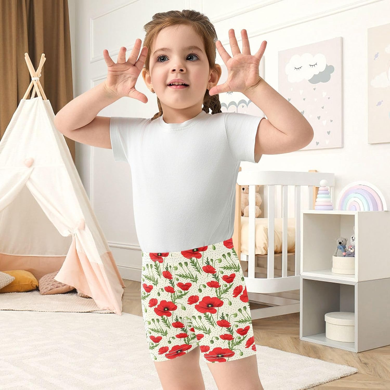 Red Flower Polka Dot Girls Bike Shorts Toddler Soft Cotton Under Dress Dance Shorts