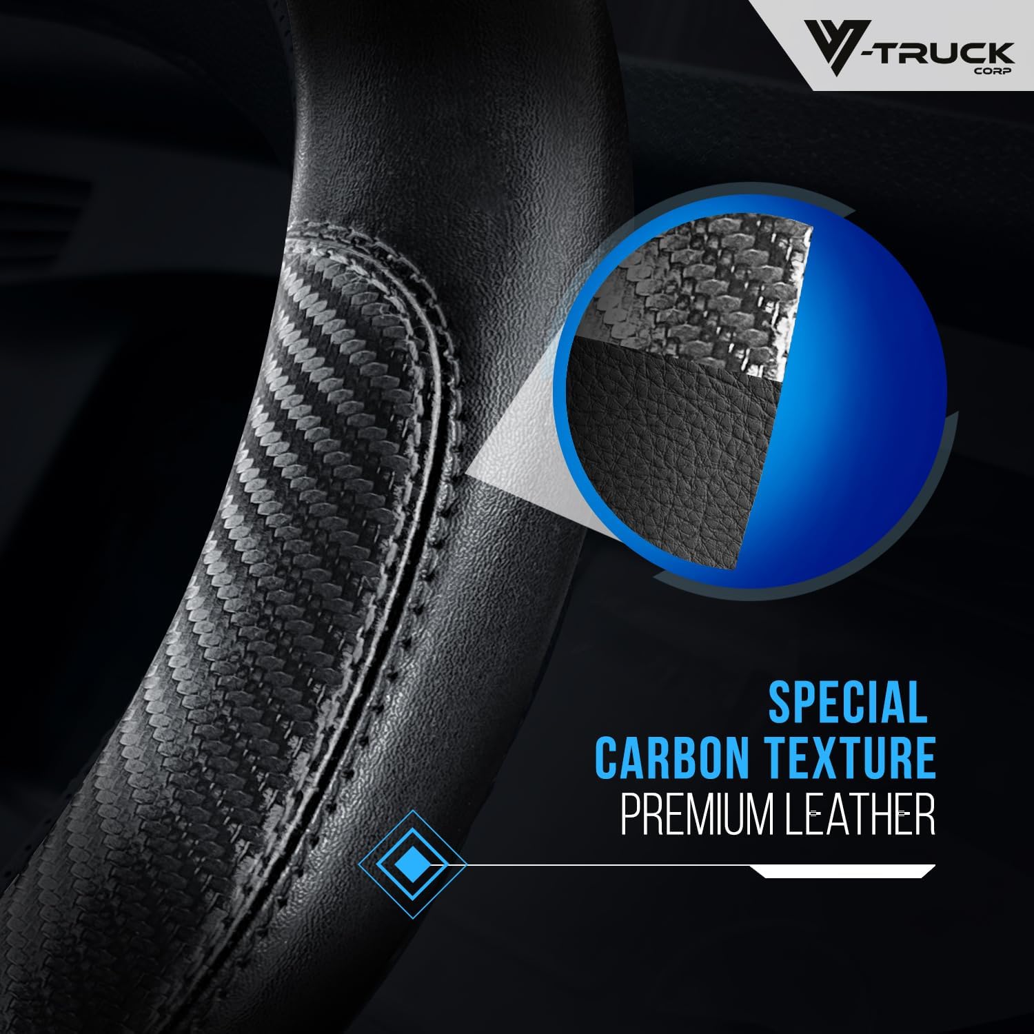 18-Inch Genuine Leather Steering Wheel Cover for Semi Trucks – Black with Grey Stripes, Universal Fit Heavy-Duty Non-Slip Grip, Comfortable Control, Easy Installation