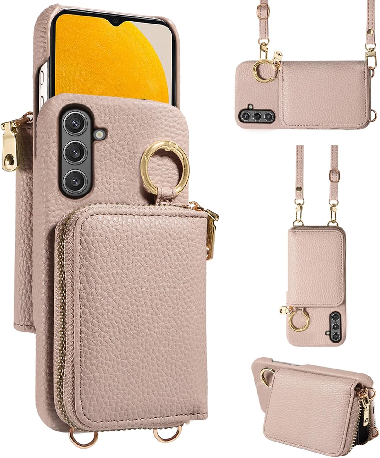 Wallet Case for Samsung Galaxy A13 5G with Shoulder Strap Ring Buckle, PU Leather Zipper Flip Organ Purse, Card Holder Stand Cell Phone Cover for A04S M13 G5 A 13 2022 13A A135G SM A136U Khaki