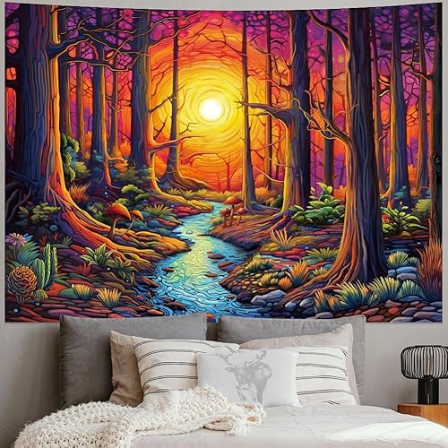 Miniatura 3 de Amhokhui Tapiz de sol, tapiz de árbol de bosque trippy, vintage, estético, floral, tapiz de pared misterioso mágico de río, tapiz de paisaje